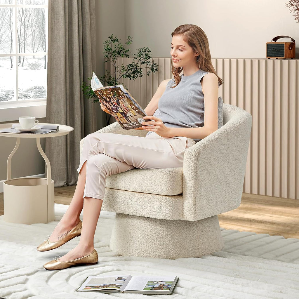 360° Swivel Barrel Accent Chair, Modern Chenille Upholstered Armchair with Curved Back, Soft Cushion & Arms, Wooden Frame, Storage Pocket, Comfy Reading Lounge Chair for Living Room, Bedroom, Office