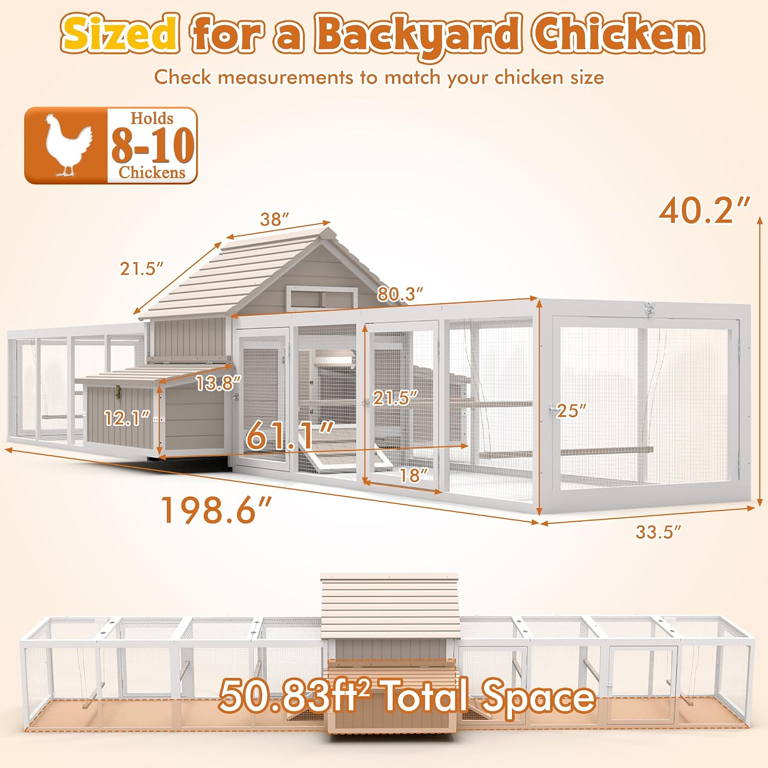 Ketive Extra Large Chicken Coop with 2 Runs for 8–10 Chickens Outdoor Wooden Hen House Poultry Cage with 6 Nesting Boxes, Dual Ramp Doors, Slide-Out Tray & Curved Roof (198.6' L x 38' W x 40.2' H)