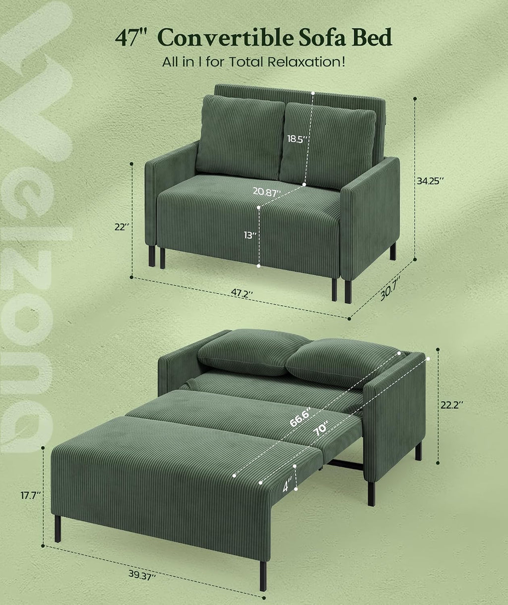 Welzona 47.2' Convertible Sofa Bed Couch, Comfy Corduroy Loveseat Sleeper Sofa, 620lbs Capacity Couch Bed, Easy Setup Love Seat Sleeper Bed with 2 Pillow, Small Couches for Living Room/Office, Green