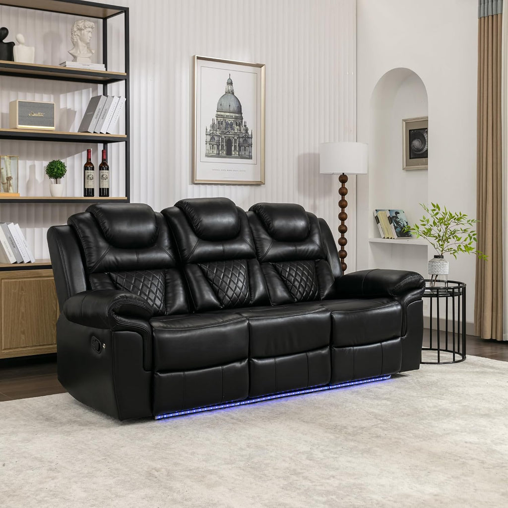 Merax Recliner Chairs Home Theater Seating, with Center Console, Cup Holders, USB Ports, Power Sockets, LED Light Strip
