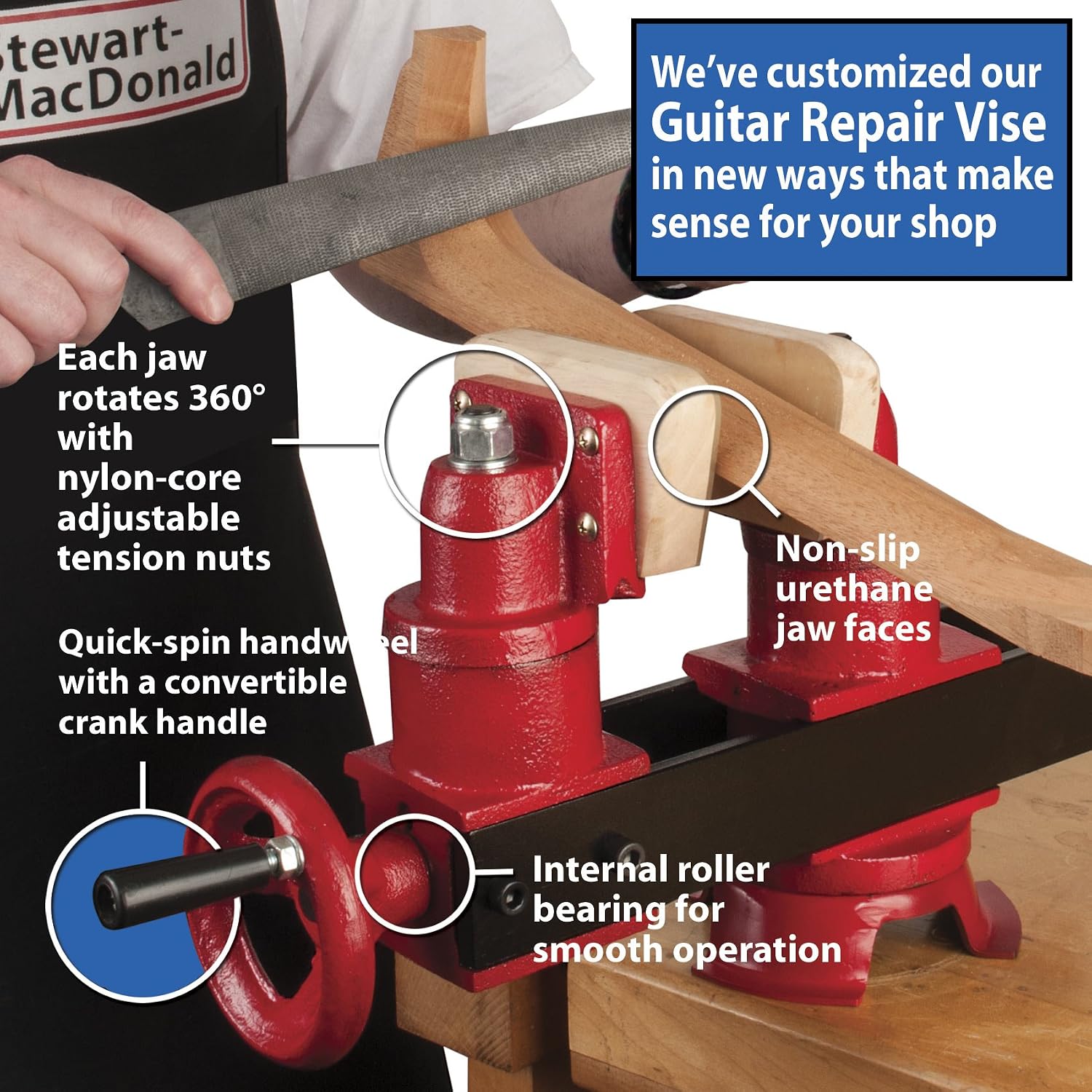 StewMac Guitar Repair Vise with Neck Protectors 3-Pack – 360° Rotating Swivel Jaws – Fast-Crank Handwheel – Urethane-Protected Hardwood Jaws – Professional Luthier Vise for Guitar Repair and Building