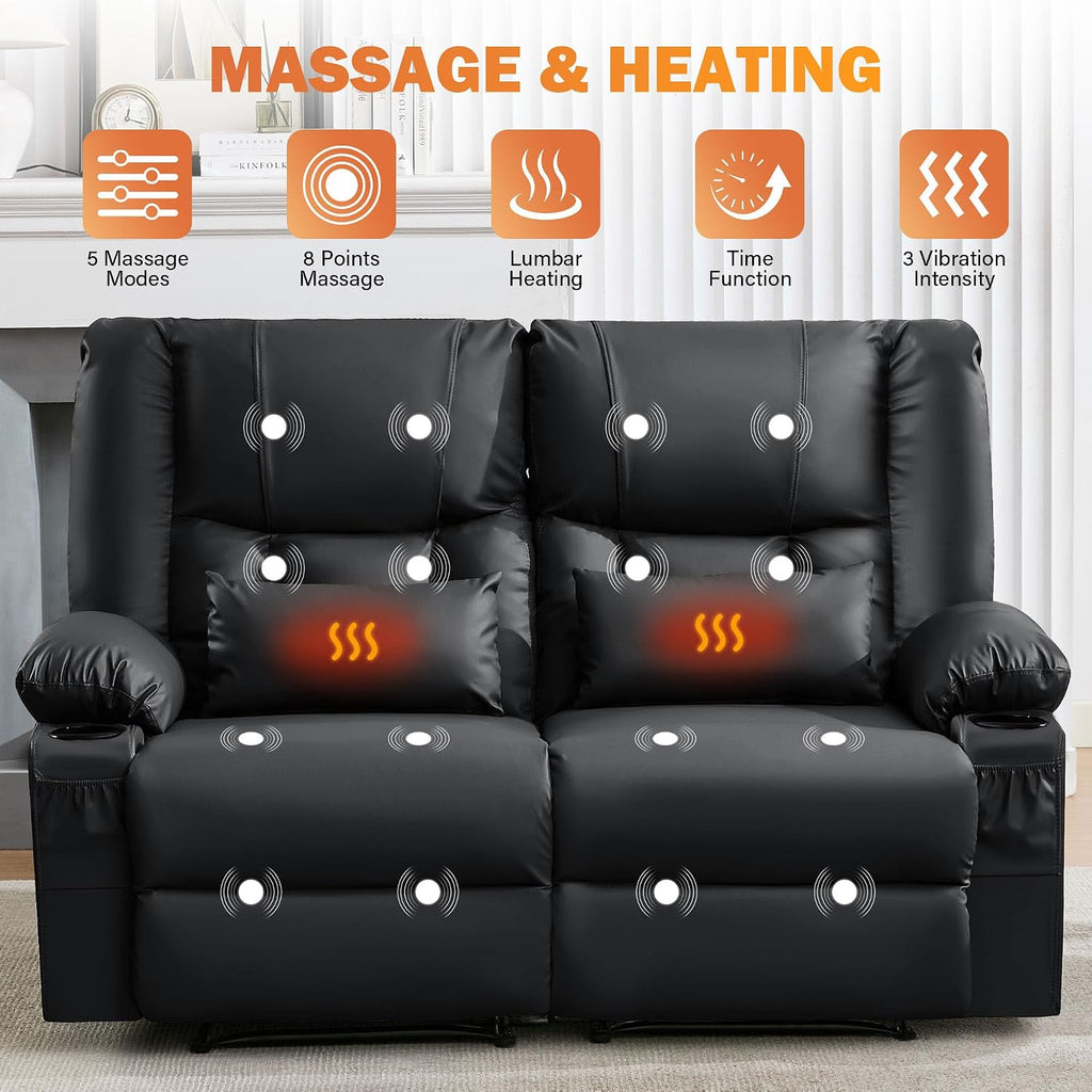 Black Leather Loveseat Recliner with Massage/Heat, Oversized Recliner Couch & Reclining Loveseat with Cup Holders/Pillow, Manual Reclining Sofa For Living Room/Rv/Home Theater Seating (Black)