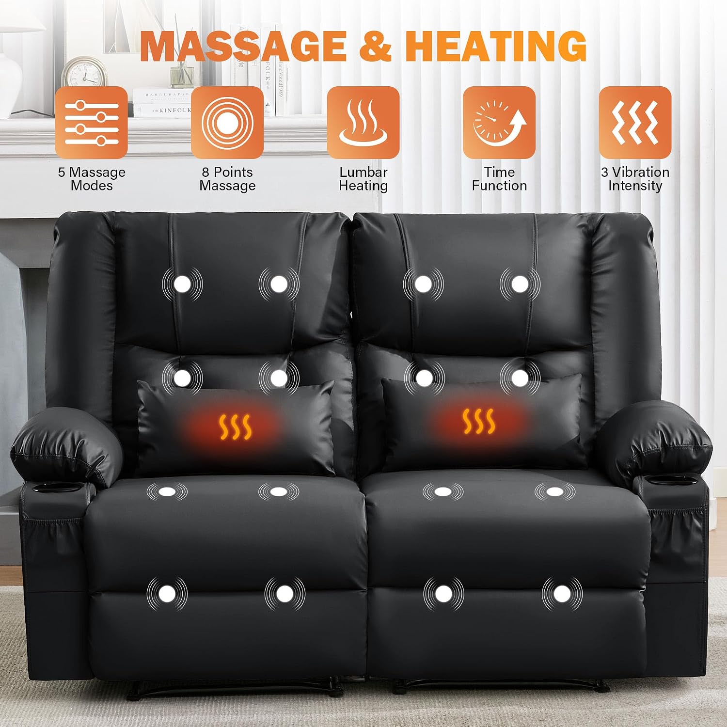 Black Leather Loveseat Recliner with Massage/Heat, Oversized Recliner Couch & Reclining Loveseat with Cup Holders/Pillow, Manual Reclining Sofa For Living Room/Rv/Home Theater Seating (Black)