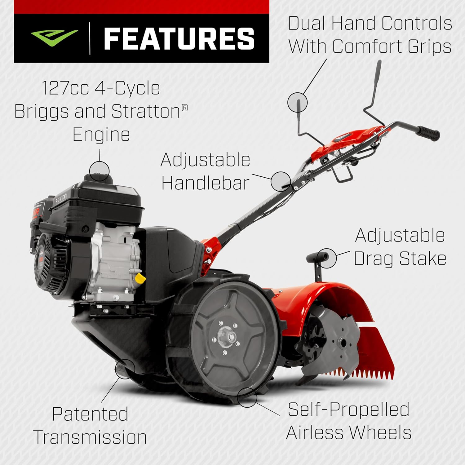 Earthquake® 46059 Pioneer™ Dual Direction Rear Tine Tiller, Powerful 127cc 4-Cycle Briggs and Stratton® Engine, Instant Reverse, 17' Tilling Width, 11' Tilling Depth, Frustration Free Shifting