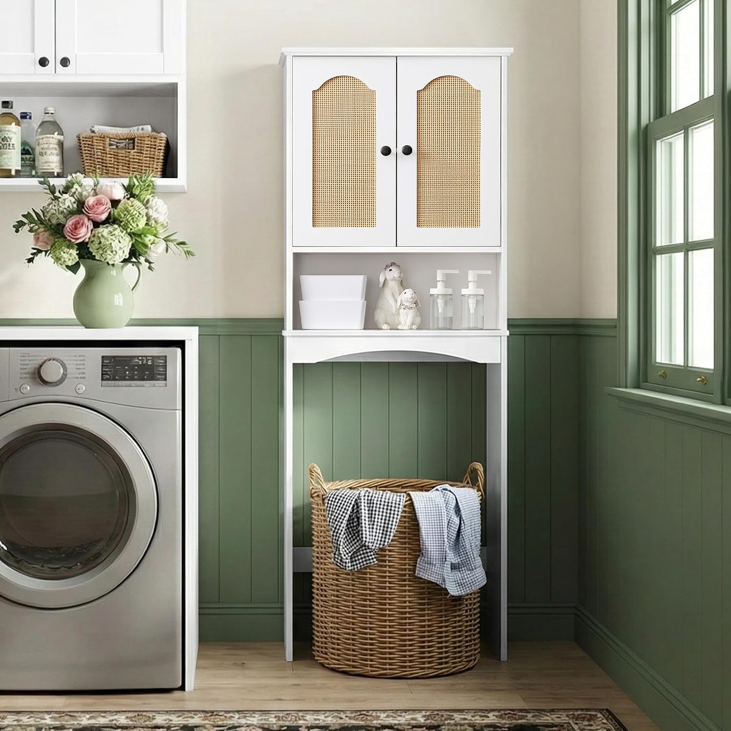 Over The Toilet Storage Cabinet with Rattan Doors, Boho Farmhouse Bathroom Organizer Over Toilet, 5-Level Adjustable Bottom Bar Fits Water Valve, 3 Adjustable Inner Shelves, White, 24'x70'