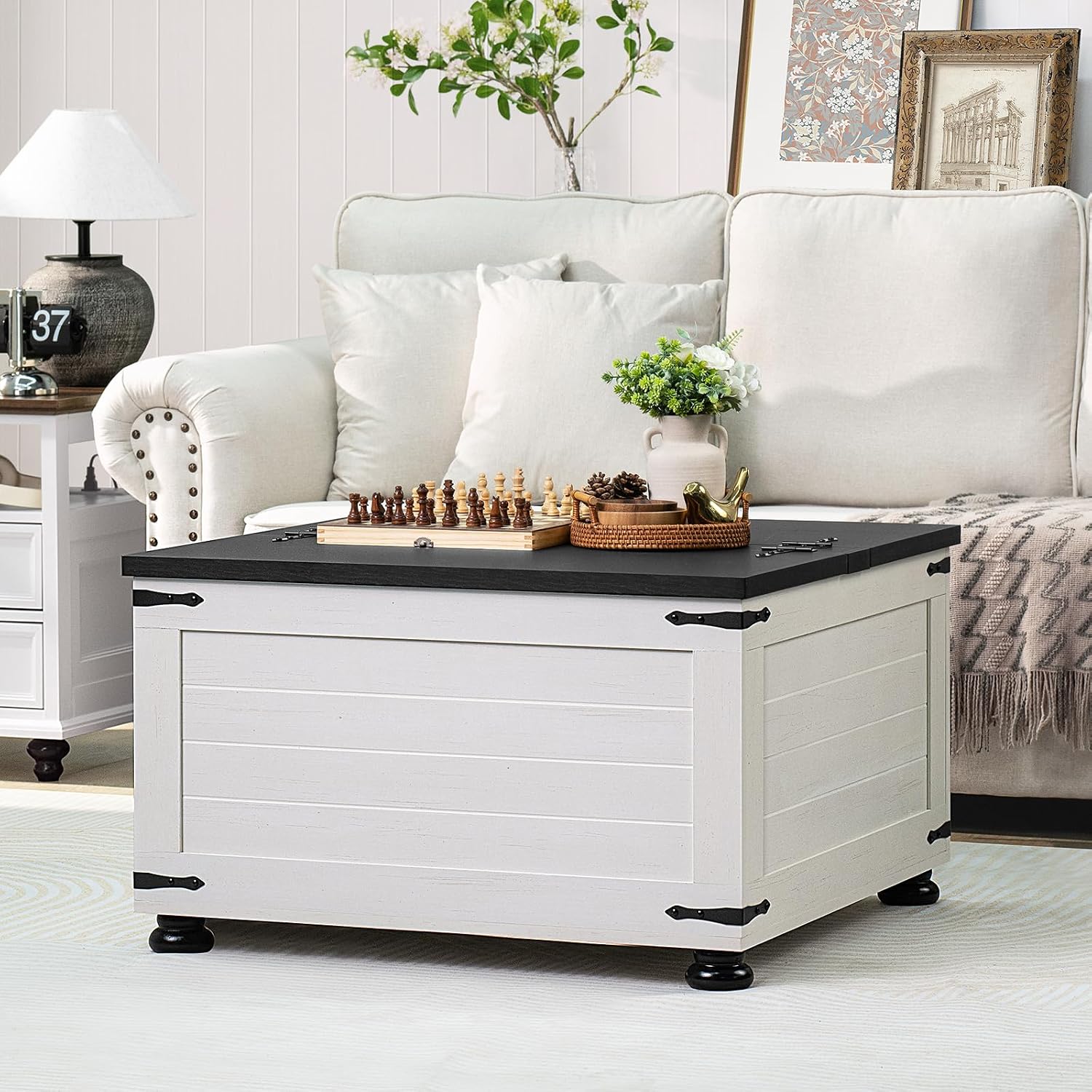 Joaxswe Farmhouse Coffee Table with Hidden Storage, Square Large Center Table for Living Room, Vintage Cocktail Tables with Flip-Top Lids, Farm House Tables with Wood Gourd Feet, Antique White & Black