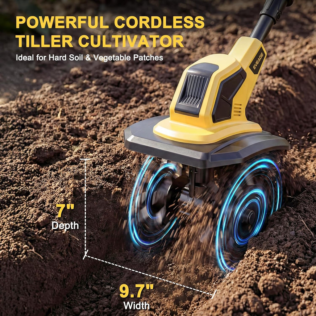 21V Cordless Tiller Cultivator, 2x4.0Ah Battery Powered Electric Garden Tiller, 360RPM Rototiller with 48 Steel Tines, 9.7' Width & 7' Depth, Lightweight Soil Tiller for Gardening