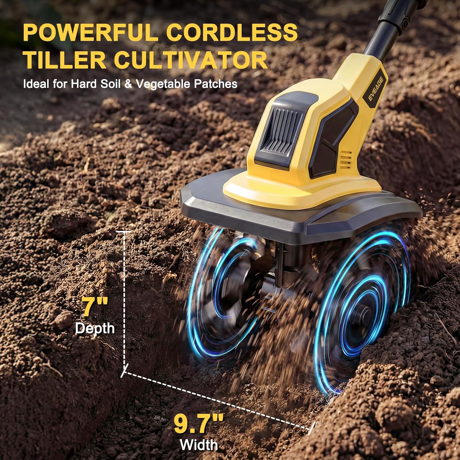 21V Cordless Tiller Cultivator, 2x4.0Ah Battery Powered Electric Garden Tiller, 360RPM Rototiller with 48 Steel Tines, 9.7' Width & 7' Depth, Lightweight Soil Tiller for Gardening
