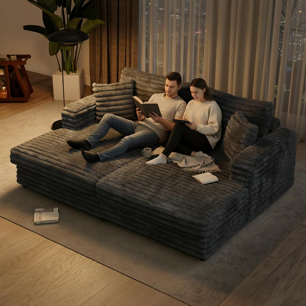 86' Oversized Chaise Lounge Chair Indoor with 2 Pillows,Sofa Bed Upholstered Recliner Chair,Comfy Corduroy Reading Chairs,Oversized Sleeper Couch for Living Room, Movie Room and Bedroom, Gray