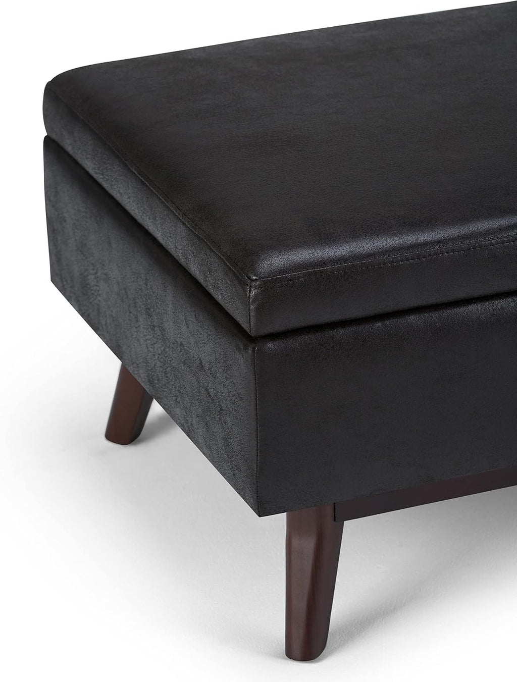 SIMPLIHOME Owen Coffee Table Storage Ottoman - 34' Wide x 19' High Upholstered Vegan Leather Rectangular Lift-Top Ottoman in Distressed Black, Mid-Century Bench for Living Room with Tapered Legs