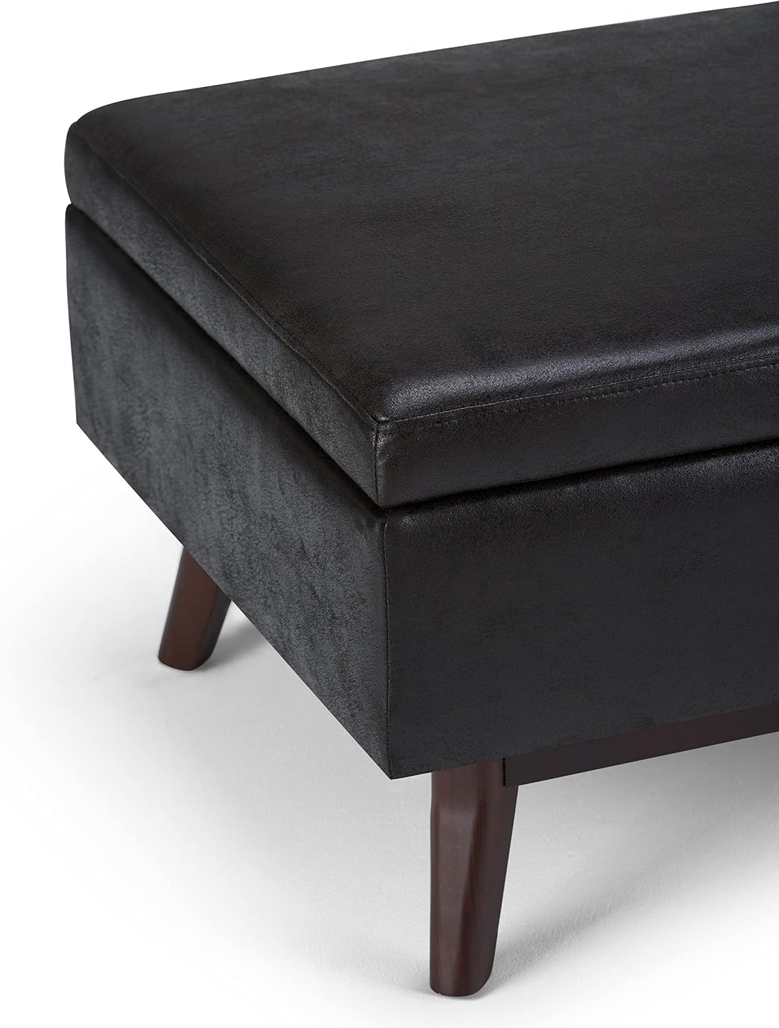 SIMPLIHOME Owen Coffee Table Storage Ottoman - 34' Wide x 19' High Upholstered Vegan Leather Rectangular Lift-Top Ottoman in Distressed Black, Mid-Century Bench for Living Room with Tapered Legs