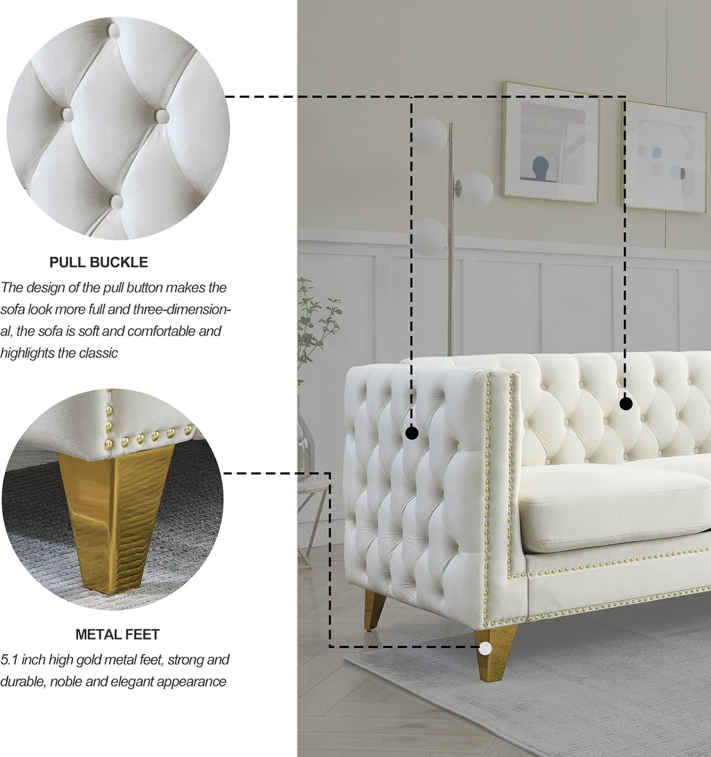 KEIKI 3 Seat Tufted Velvet Sofa Couch for Living Room, Buttons Tufted Square Arm Couch for Home Apartment, Beige