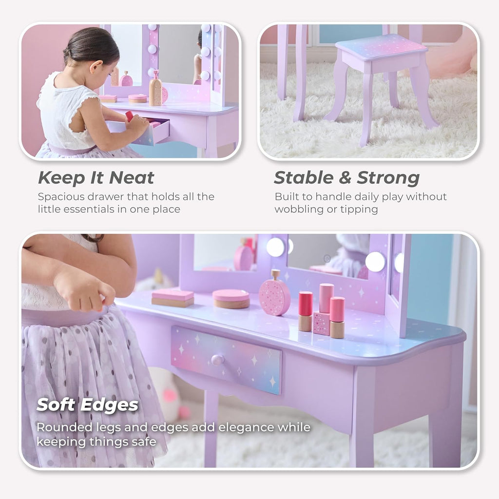Teamson Kids Stardust Print Gisele Medium Vanity with LED Lights & Touch Sensor Mirror, Storage Drawer for Kids Pretend Play, Purple Elegant Dressing Table Set with Stool for Toddlers & Girls Ages 3+