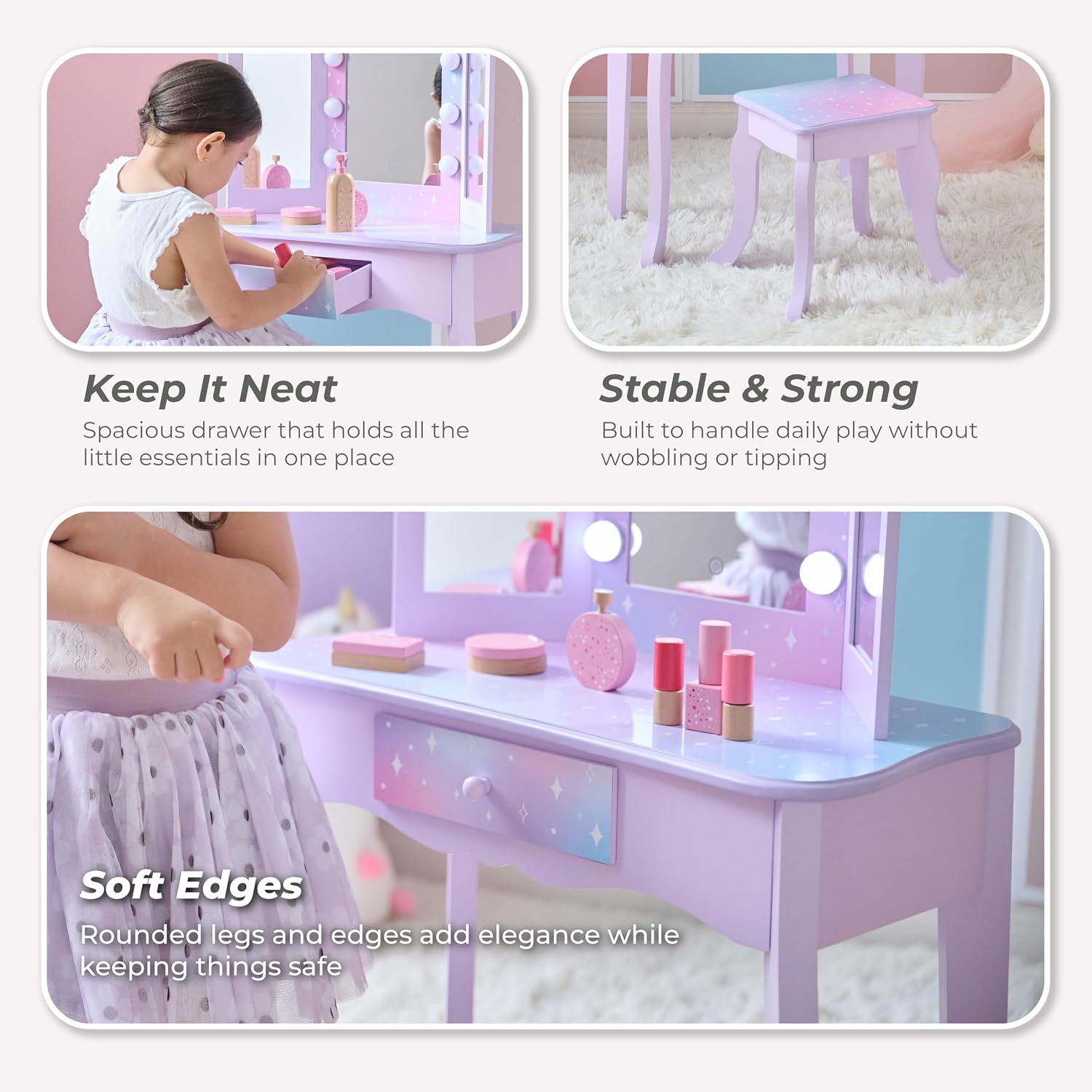 Teamson Kids Stardust Print Gisele Medium Vanity with LED Lights & Touch Sensor Mirror, Storage Drawer for Kids Pretend Play, Purple Elegant Dressing Table Set with Stool for Toddlers & Girls Ages 3+