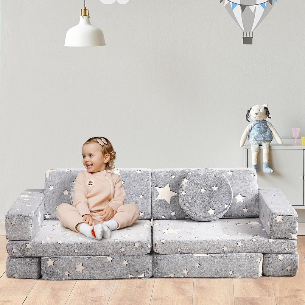 Kids Couch Sofa 12 Pcs Modular Star Glow in The Dark, Convertible Fold Out Foam Couch for Boys and Girls, Playroom Bedroom Furniture, Grey