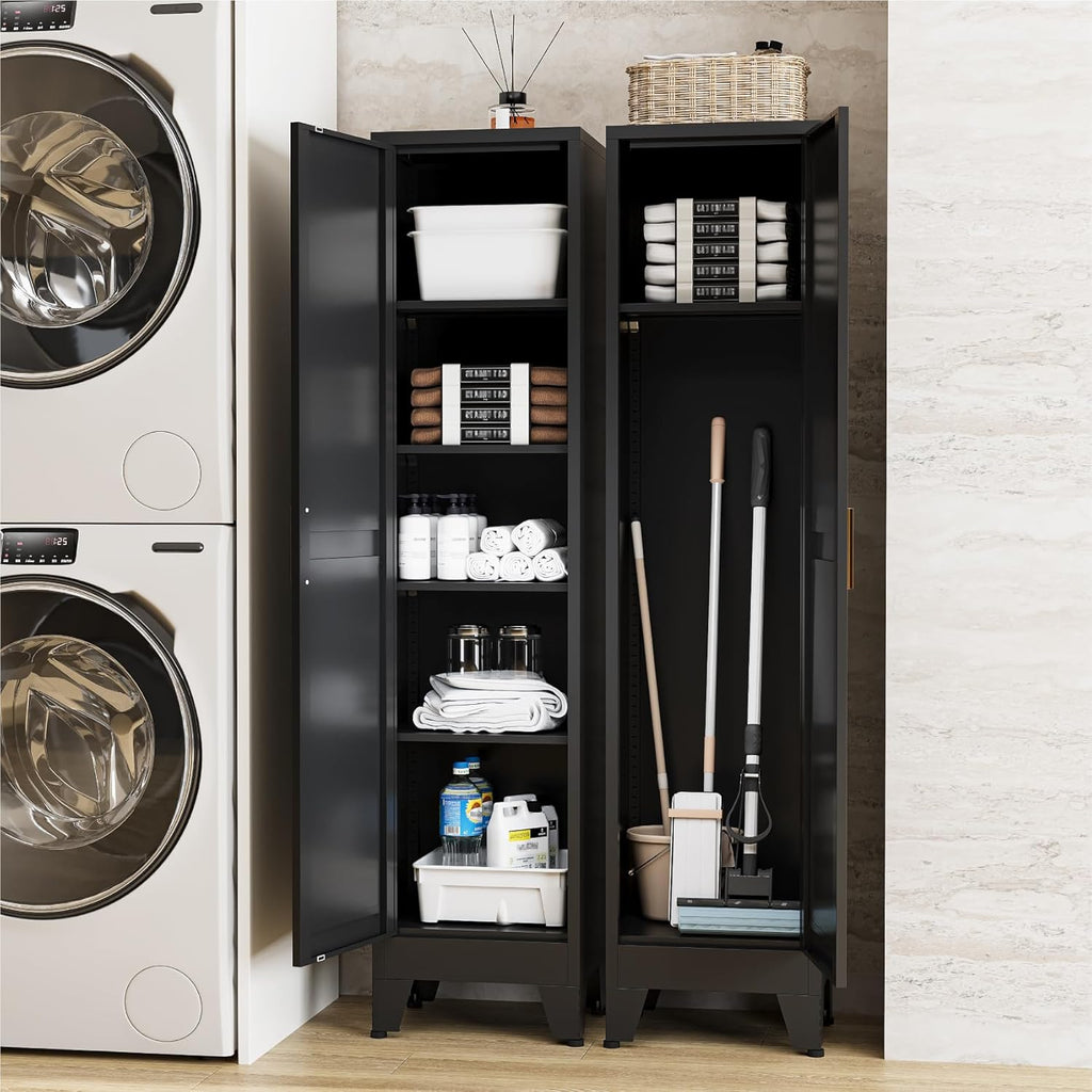 67' Tall Narrow Storage Cabinet with Reversible Doors and Adjustable Shelves,11.8' Deep By 15.7' Wide Metal Slim Cabinet for Bathroom Kitchen Garage Small Spaces,Black,1 Pc