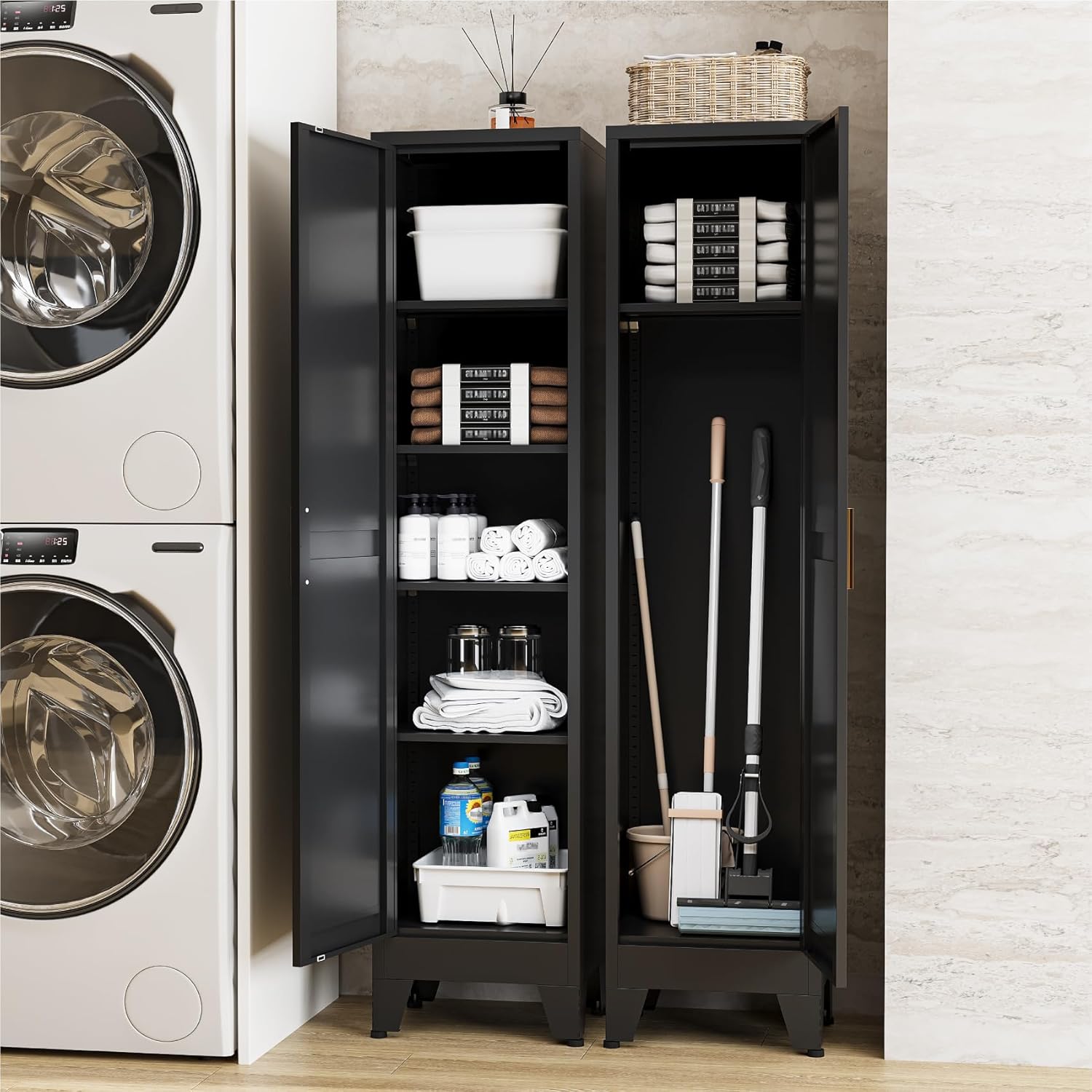 67' Tall Narrow Storage Cabinet with Reversible Doors and Adjustable Shelves,11.8' Deep By 15.7' Wide Metal Slim Cabinet for Bathroom Kitchen Garage Small Spaces,Black,1 Pc
