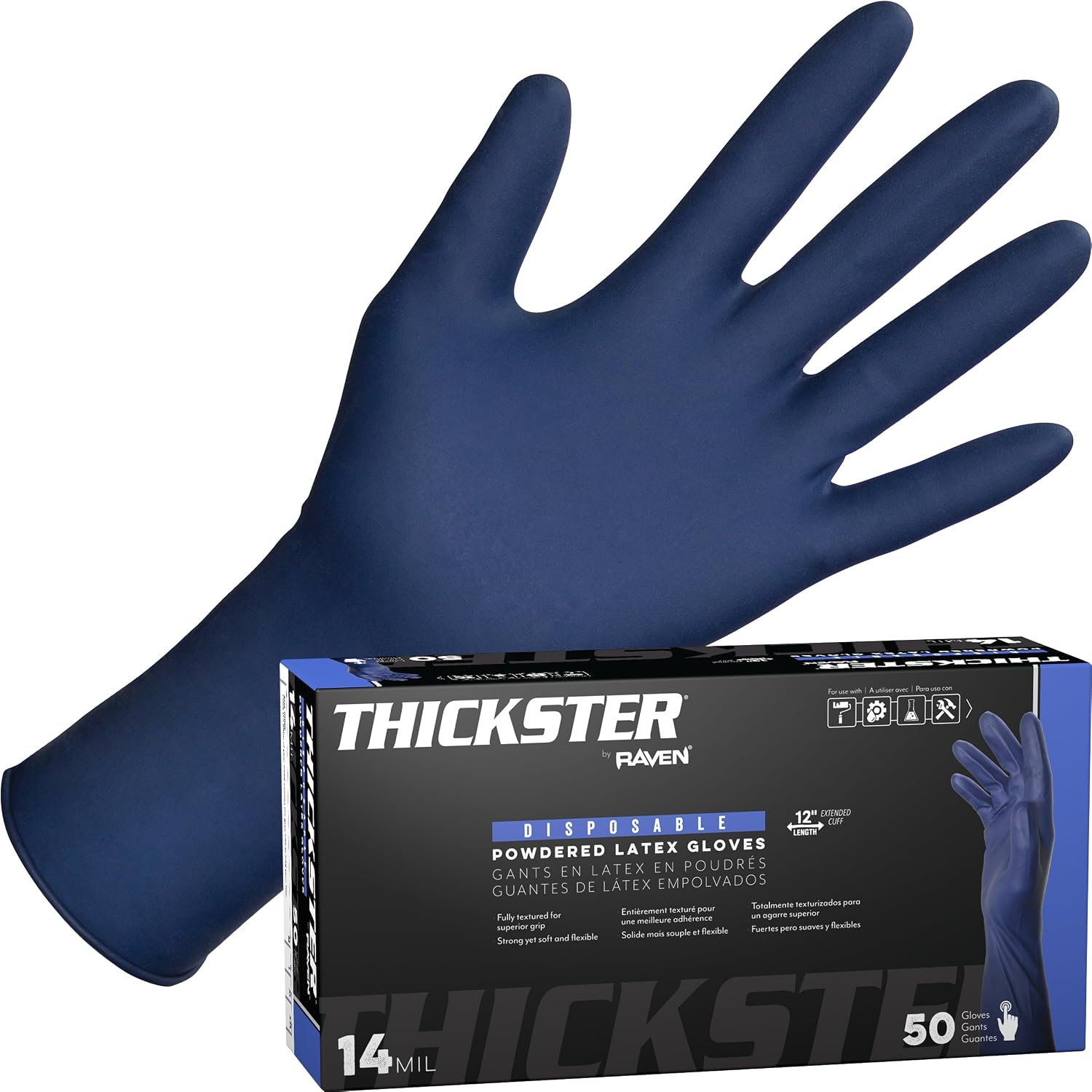 SAS Thickster Powdered Latex Disposable Gloves - 10 Boxes / 50 Ea. 500 Gloves Total. 14 Mil, Large, Blue. Fully Textured. 12' Length. Puncture Resistant