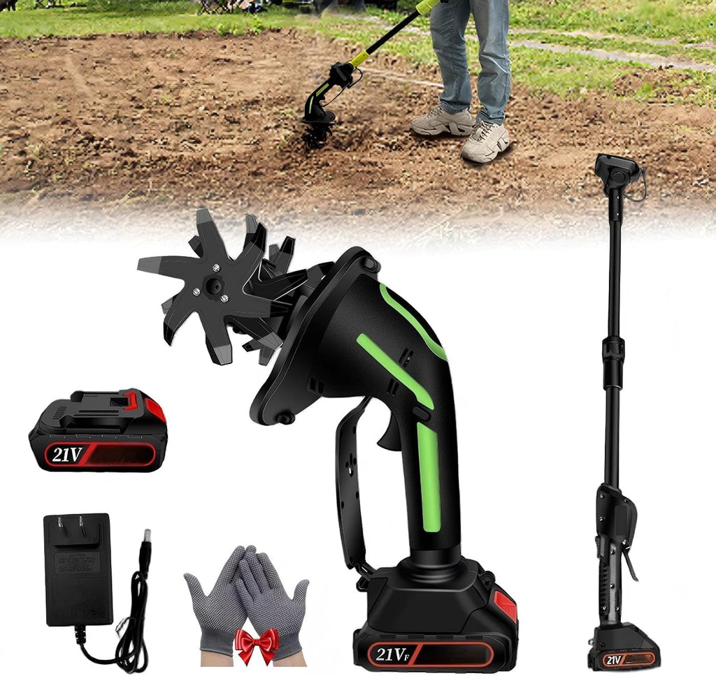 2 in 1 Cordless Tiller and Cultivator with Extension Pole, 20V Lightweight Handheld Battery Tiller Cultivator for Garden, Flower Beds, Weeding, Trenching, Battery Included (1 Battery+Rod)