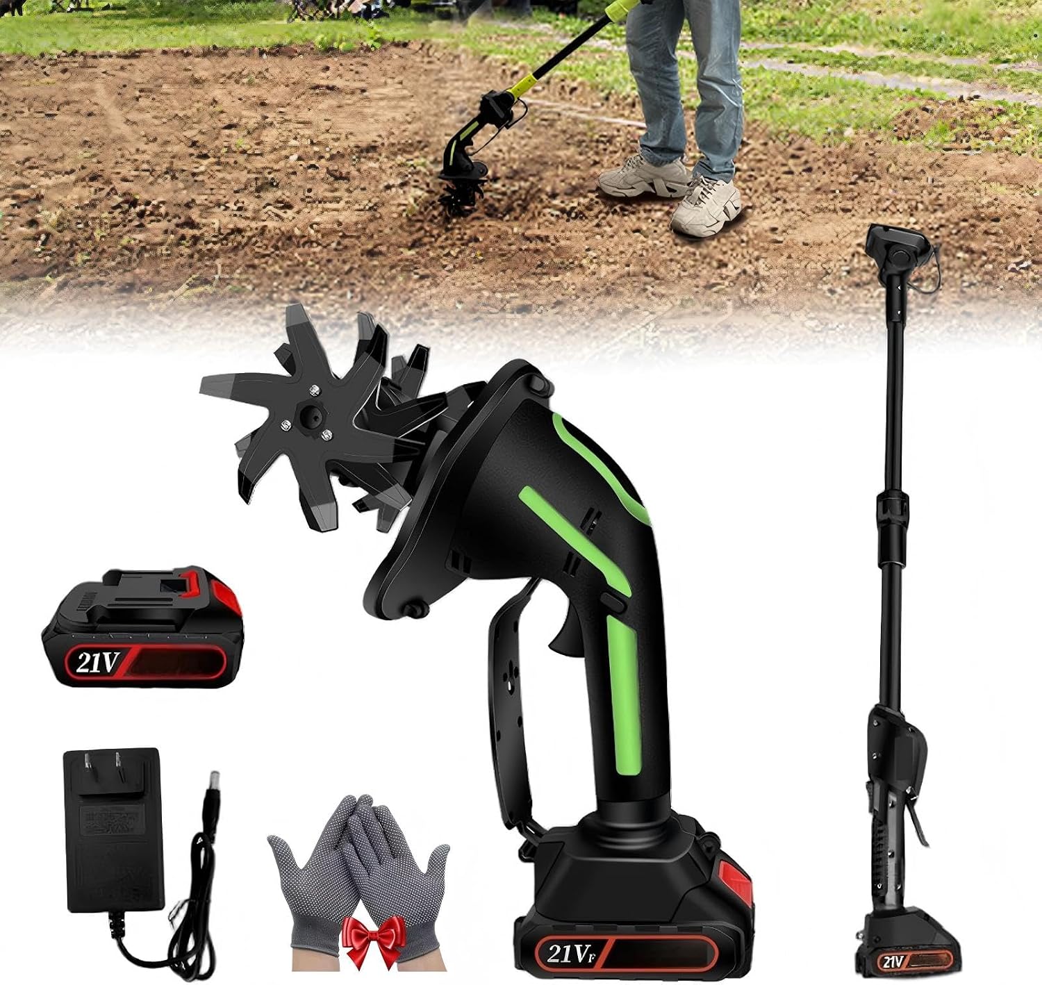 2 in 1 Cordless Tiller and Cultivator with Extension Pole, 20V Lightweight Handheld Battery Tiller Cultivator for Garden, Flower Beds, Weeding, Trenching, Battery Included (1 Battery+Rod)