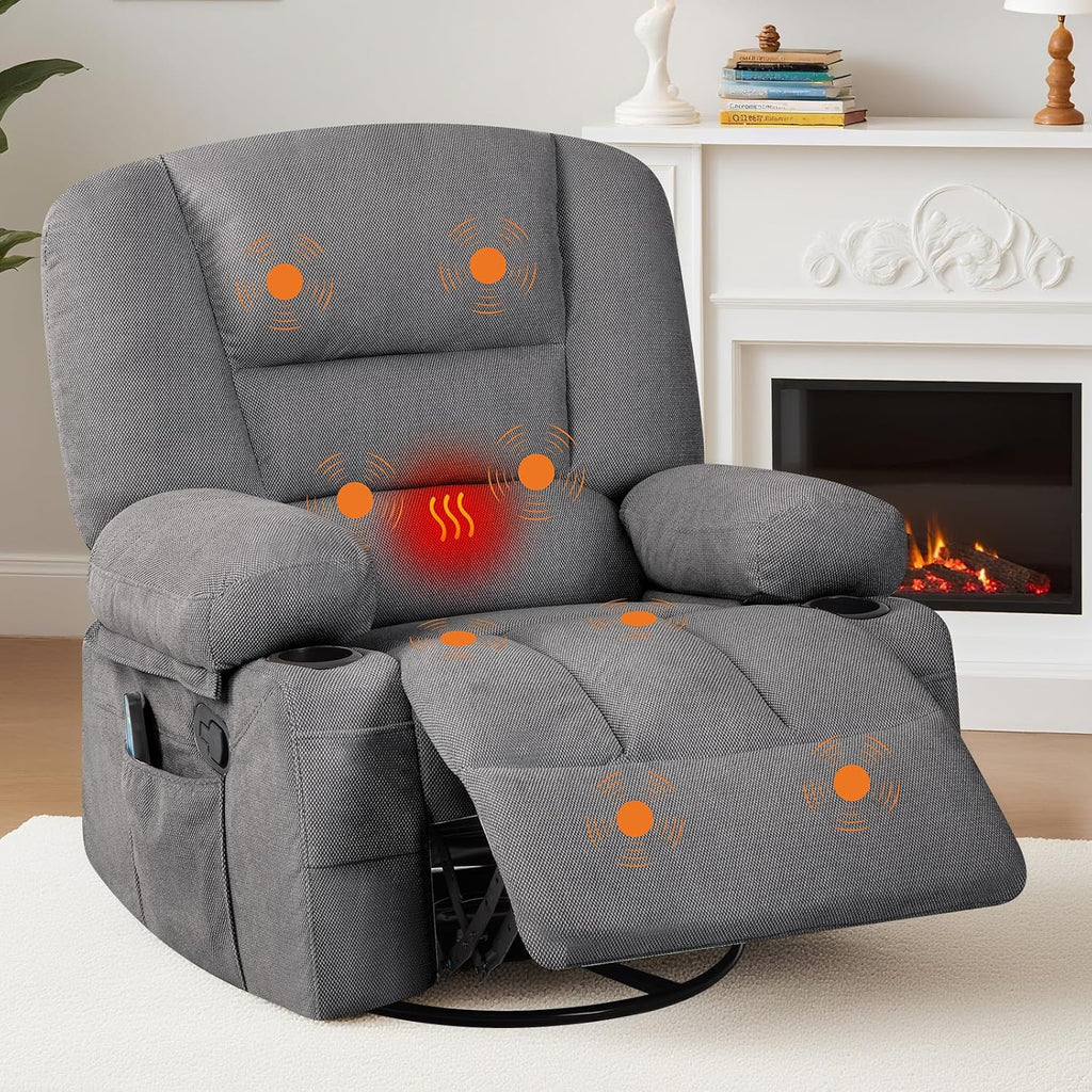 Massage Recliner Chair for Living Room, Chenille Rocker Recliner Chair for Adults with Vibration Massage and Heat, Adjustable Home Theater Seating for Living Room, Bedroom, 360° Swivel, Grey