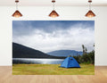 20x10ft Lake Camping Backdrop Blue Tent on Grass with Forested Mountains Photography Background for Outdoor Festival and Adventure Event Tapestry Decorations Banner Photo Booth Props