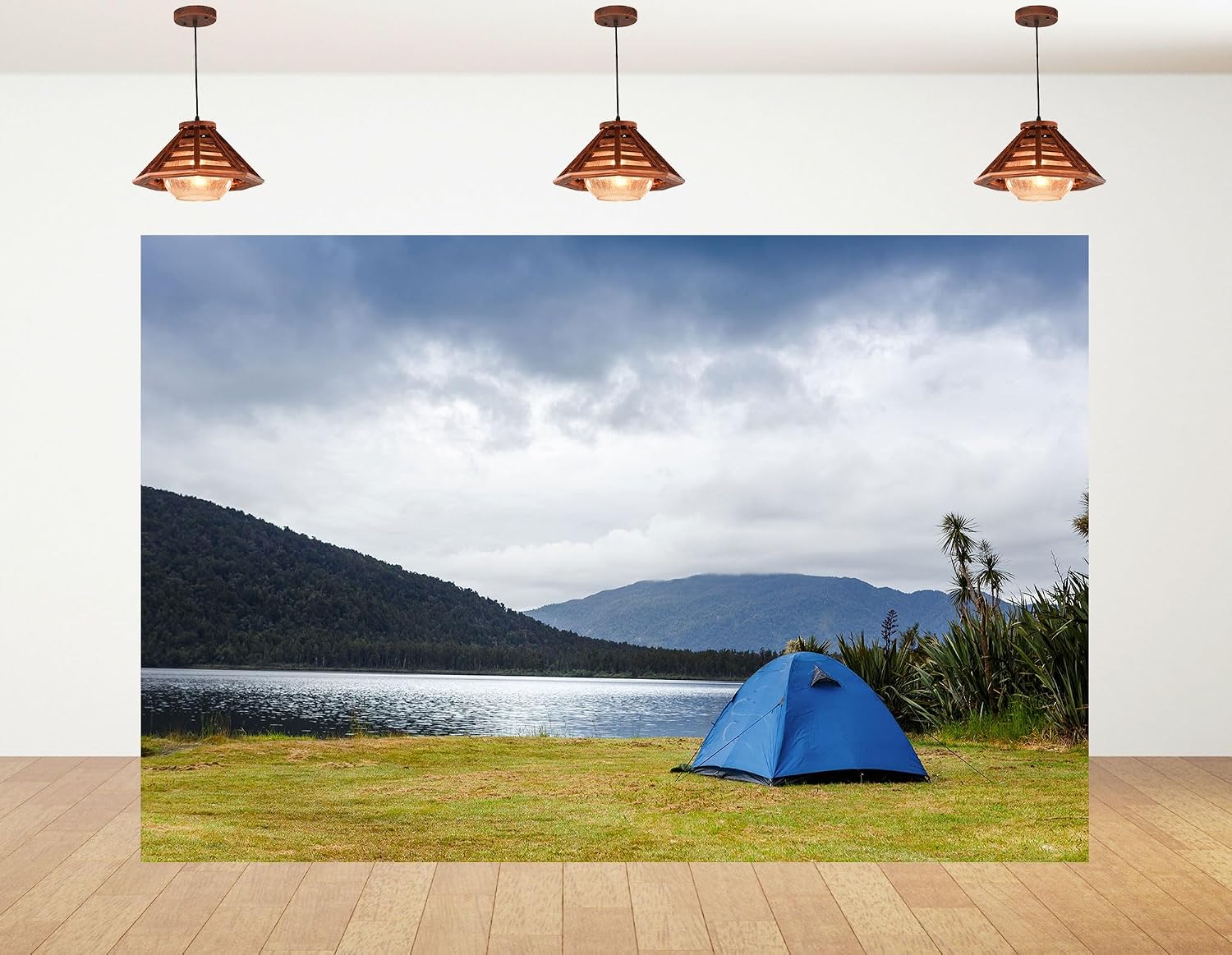 20x10ft Lake Camping Backdrop Blue Tent on Grass with Forested Mountains Photography Background for Outdoor Festival and Adventure Event Tapestry Decorations Banner Photo Booth Props