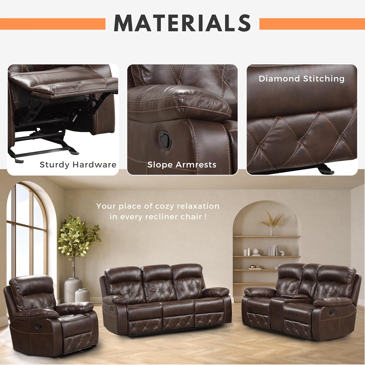 24/7 Shop at Home Skylar Transitional Breathable Leather Manual Recliner Loveseat with Fabric Lined Storage Console and Diamond Stitching for Living Room, Bedroom, Brown