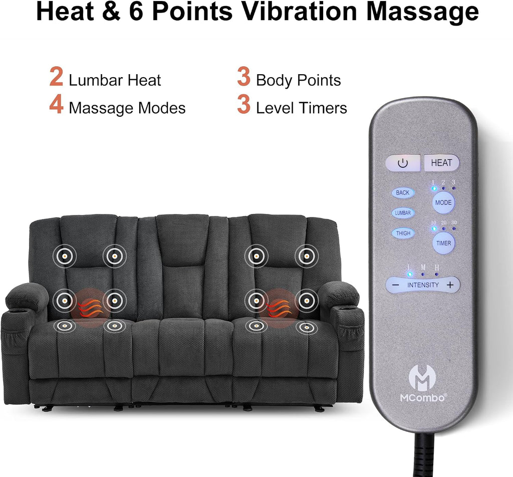 MCombo Zero Gravity 3 Seater Power Reclining Sofa, Heat and Vibration Massage, Recliner Couch for Living Room, Fabric 6035SET (Grey, 3 Seater)