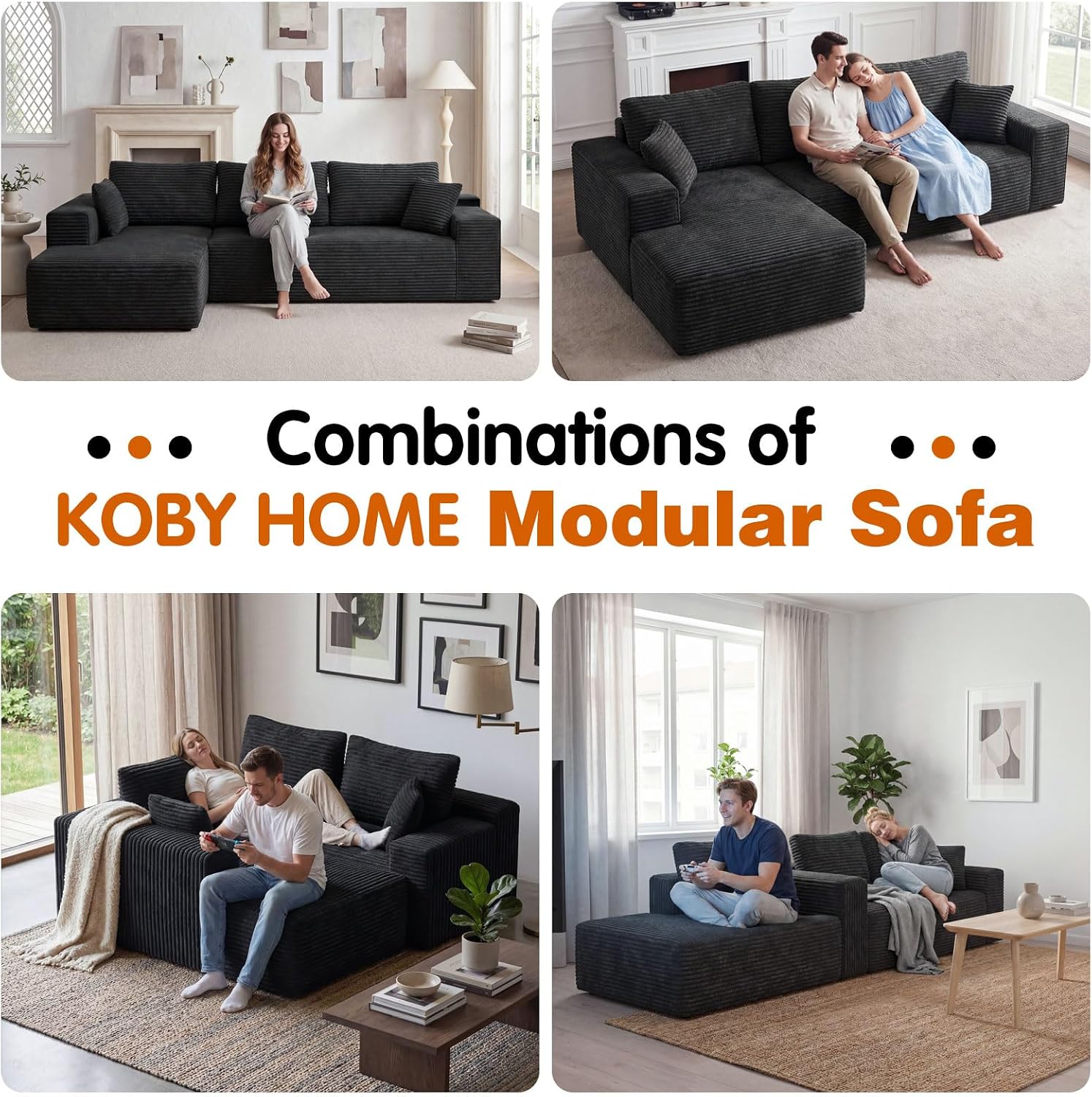 104' Cloud Sectional Couch with L-Shaped Chaise,Modern Modular Sectional Sofa,Corduroy Boneless Couches for Living Room Bedroom,No Assembly Required, 3-Seater (Left Facing Chaise) Black