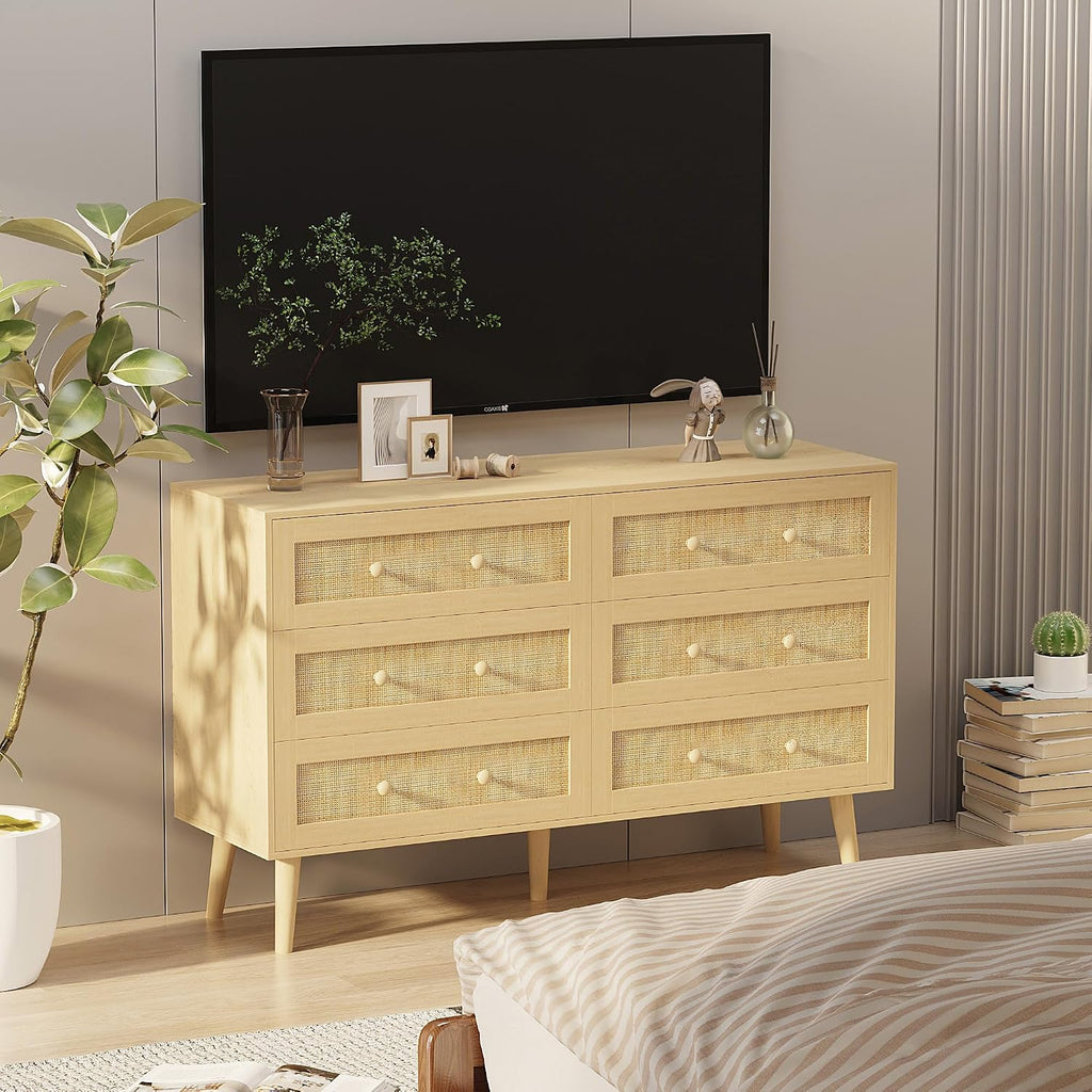 Dresser for Bedroom with 6 Drawer, Natural Rattan Chest of Dressers, Wide Wood Double Dresser, Wooden TV Stand Closet Storage Furniture, Boho Small Clothes Organizer for Hallway, Living Room, Entryway