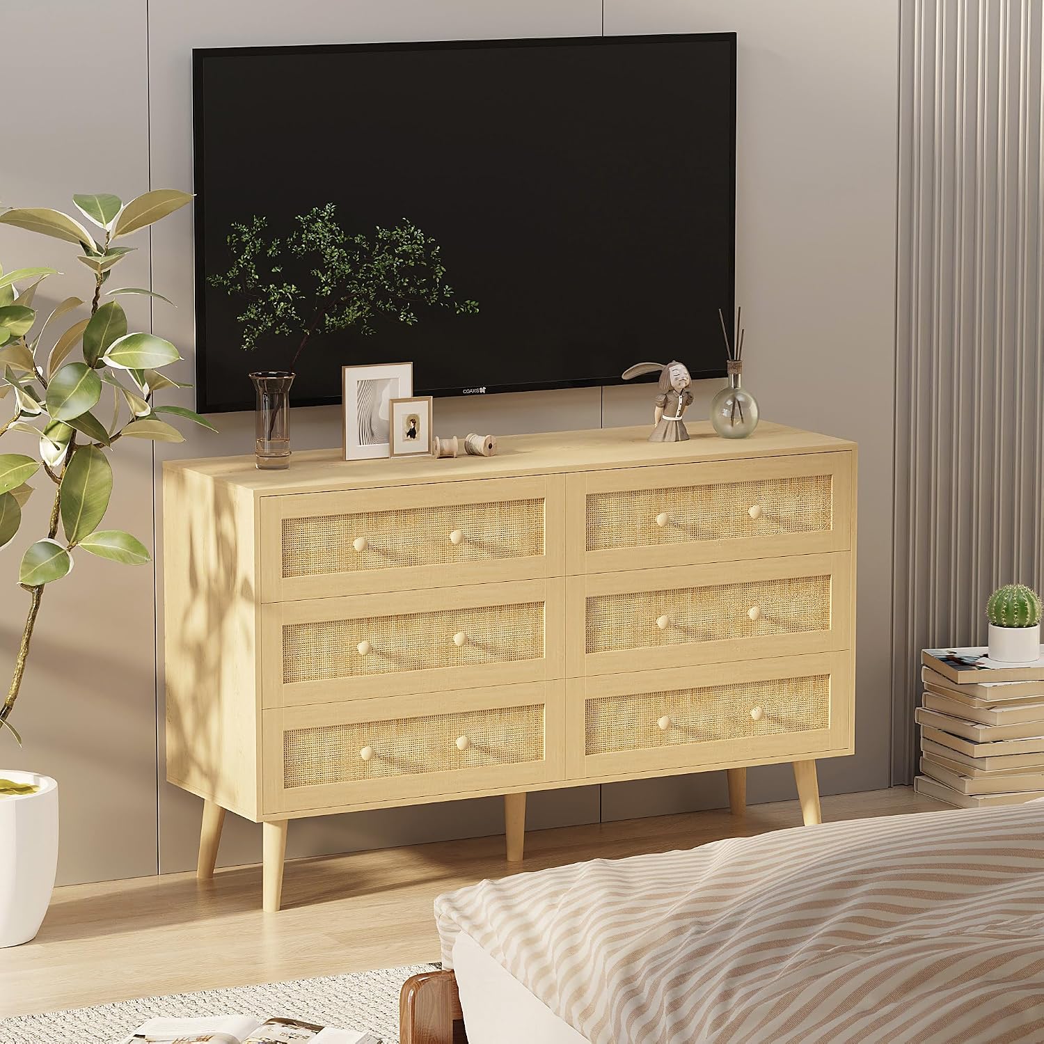 Dresser for Bedroom with 6 Drawer, Natural Rattan Chest of Dressers, Wide Wood Double Dresser, Wooden TV Stand Closet Storage Furniture, Boho Small Clothes Organizer for Hallway, Living Room, Entryway