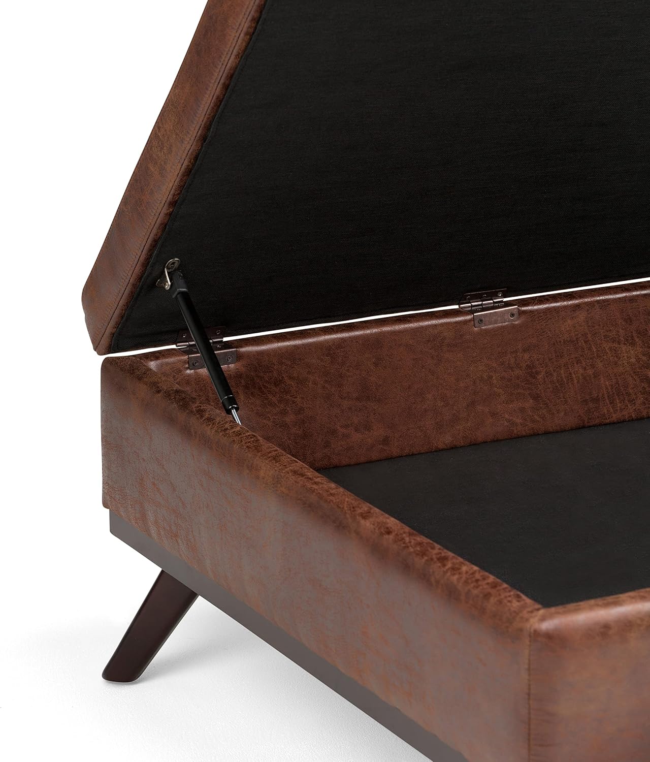 SIMPLIHOME Owen Square Coffee Table Storage Ottoman - 36 inch Wide Upholstered Vegan Leather Lift-Top Ottoman in Distressed Saddle Brown, Mid-Century Modern Ottoman for Living Room with Tufted Detail