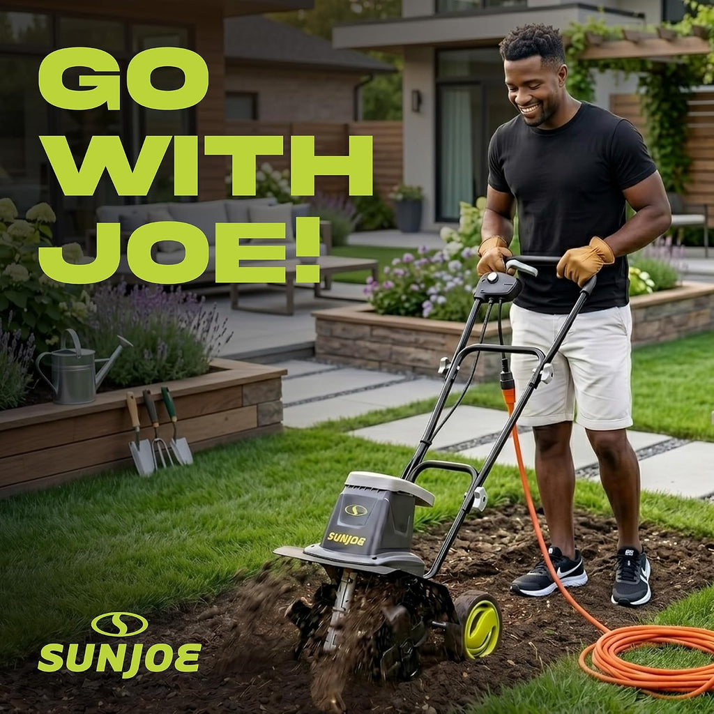 Sun Joe Electric Garden Tiller and Cultivator with 3 Position Height Adjustment Maximum 12-inch Cultivating Width and 8 Amp Motor, TJ602E