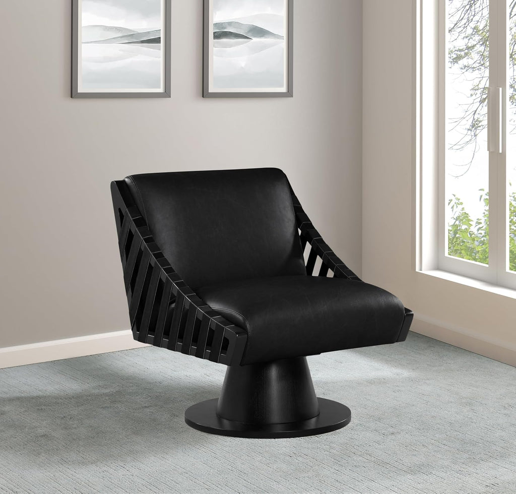 Meridian Furniture 33002Black Millwin Collection Art Deco Swivel Accent Chair with Rich Black Vegan Leather, Black Finish, Solid Wood Frame and Base, 28' W x 30' D x 32.5' H, Black