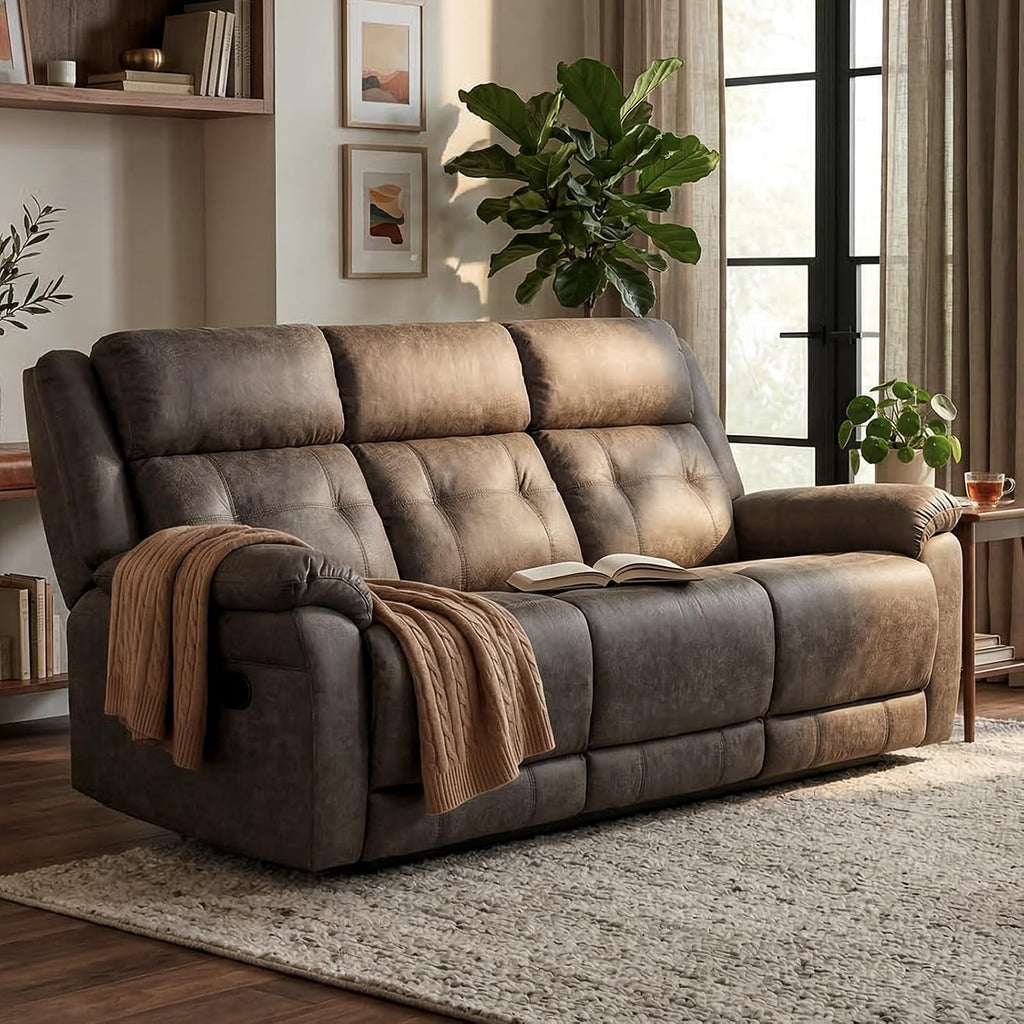 Oversized Manual Recliner Sofa, 86' Extra Wide 3 Seater Reclining Couch for Living Room, Dual Pull Handle Recliners, Upright Middle Seat, One-Piece Design No Assembly Required, Performance Fabric