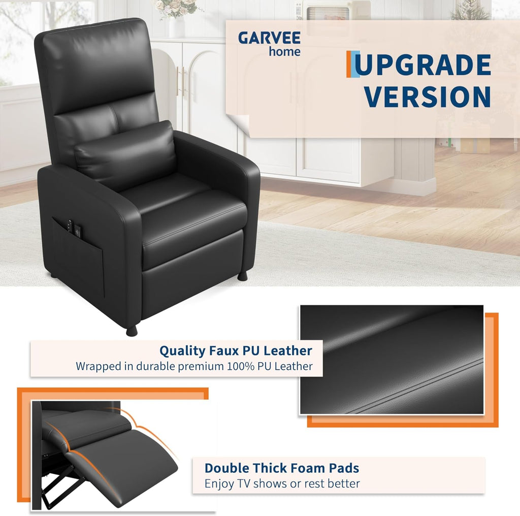 Power Recliner Chair, Electric Recliner with Memory Function & USB Port, Overstuffed PU Leather Living Room Chair with Side Pockets, Ergonomic Home Theater Seating Black