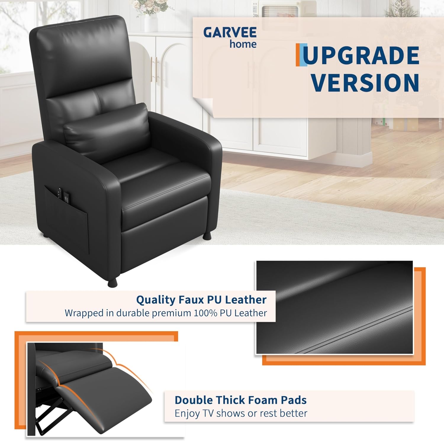 Power Recliner Chair, Electric Recliner with Memory Function & USB Port, Overstuffed PU Leather Living Room Chair with Side Pockets, Ergonomic Home Theater Seating Black