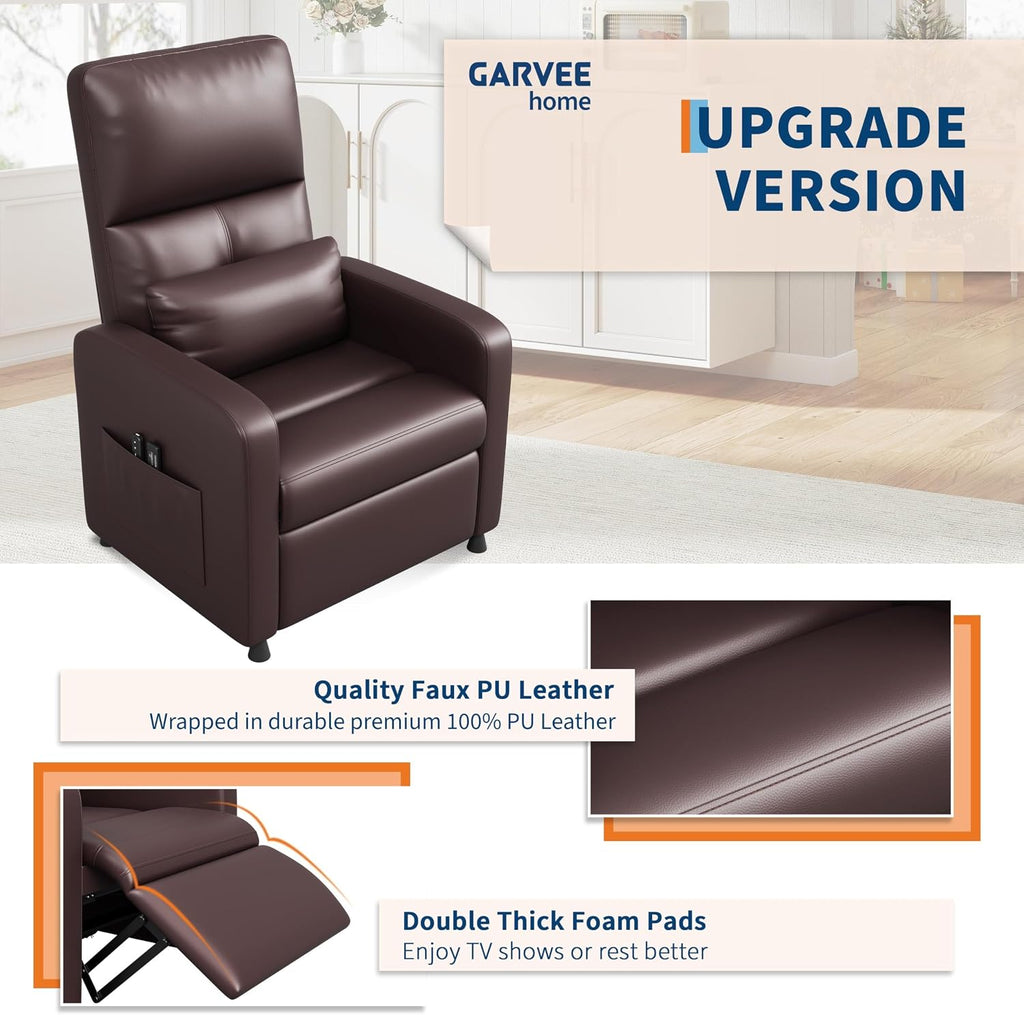 Power Recliner Chair, Electric Recliner with Memory Function & USB Port, Overstuffed PU Leather Living Room Chair with Side Pockets, Ergonomic Home Theater Seating Brown