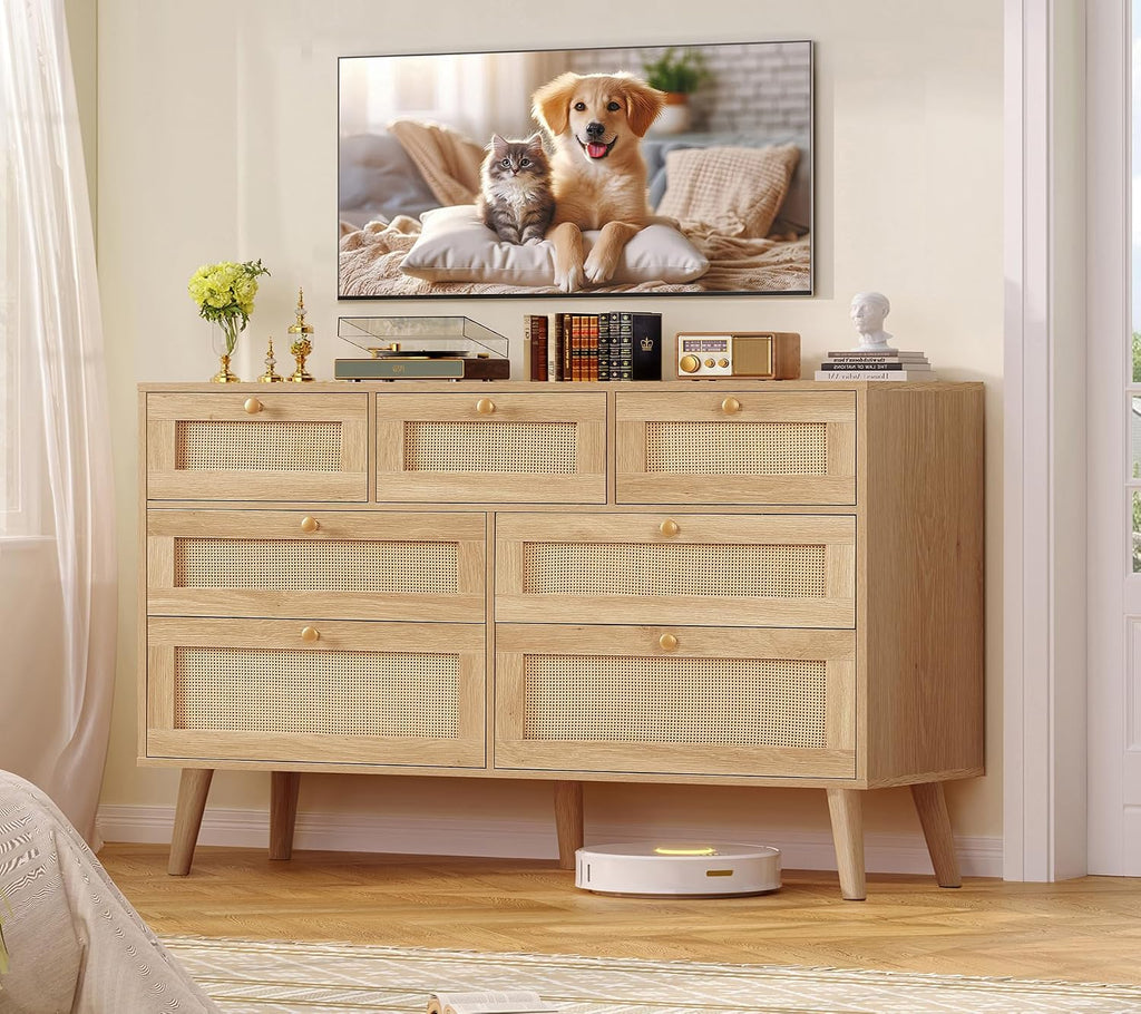 TEENFON Dresser for Bedroom, 47.2''Wide 7 Drawer Rattan Dresser, Wood Dressers TV Stand, Boho Dressers & Chests of Drawers for Bedroom, Entryway, Natural