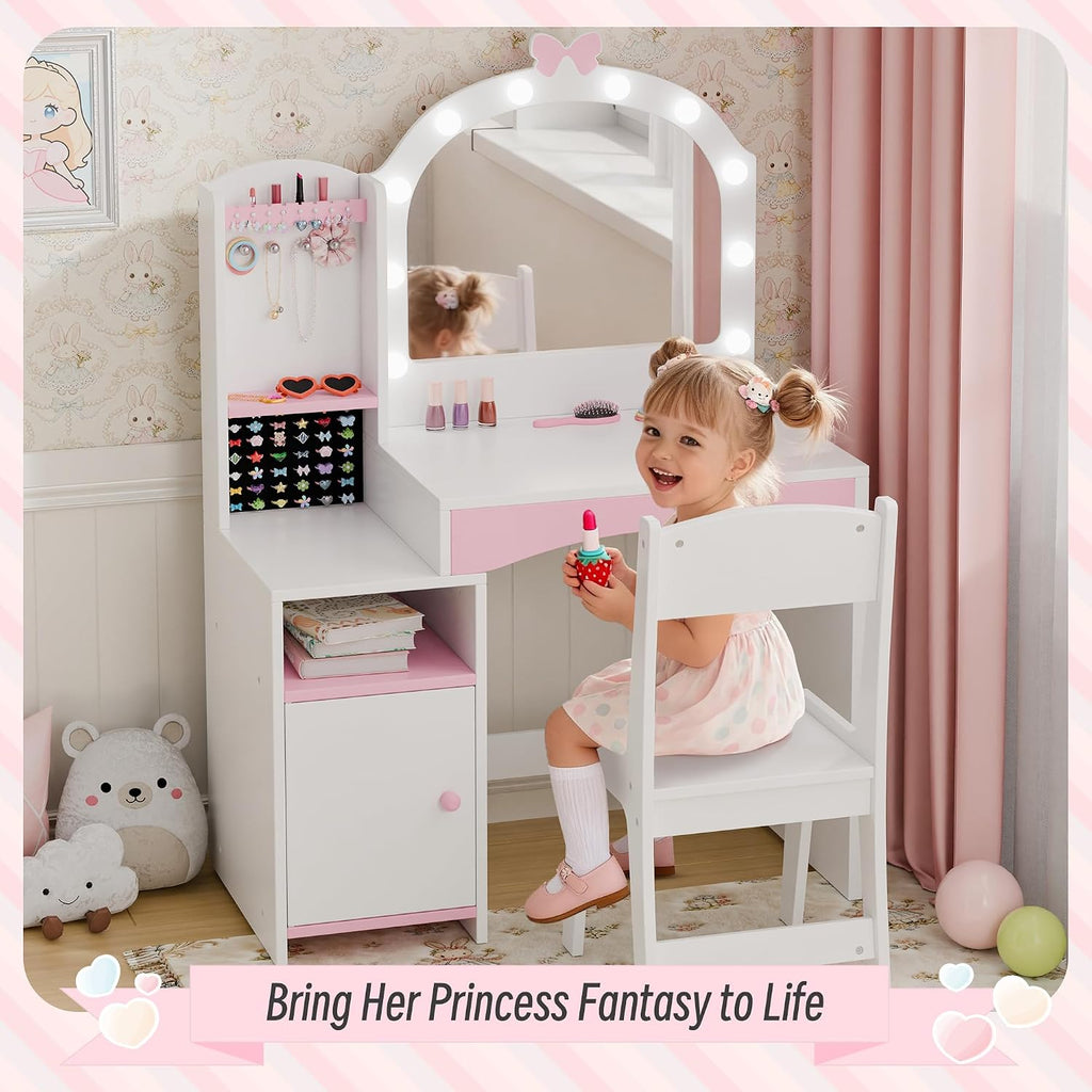 Girls Vanity Table and Chair Set, Kids Vanity with Jewelry Organizer for Princess, Toddler Makeup Vanity Desk with Open Shelf, Closed Cabinet and Butterfly Pattern, White