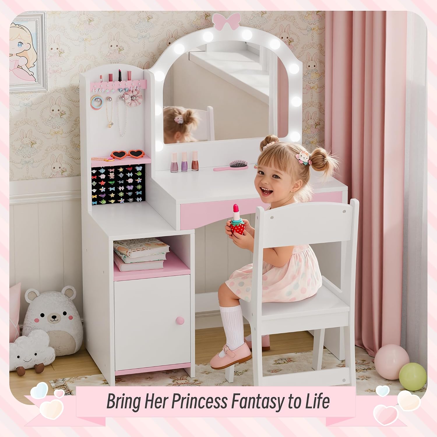 Girls Vanity Table and Chair Set, Kids Vanity with Jewelry Organizer for Princess, Toddler Makeup Vanity Desk with Open Shelf, Closed Cabinet and Butterfly Pattern, White