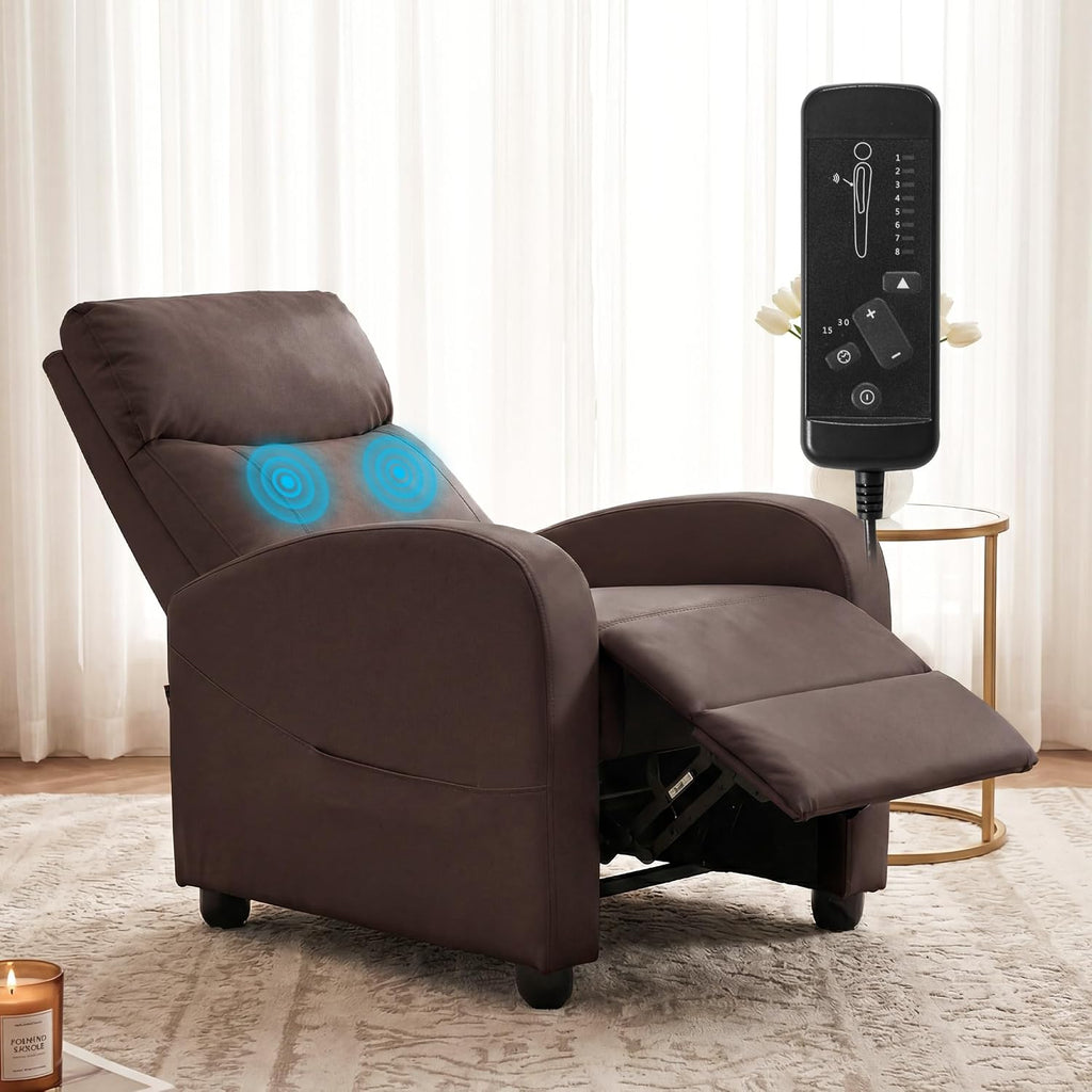 Sweetcrispy Massage Recliner Chair for Adults, Adjustable Home Theater Seating with Lumbar Support for Living Room, Modern Fabric Reclining for Small Space, Brown