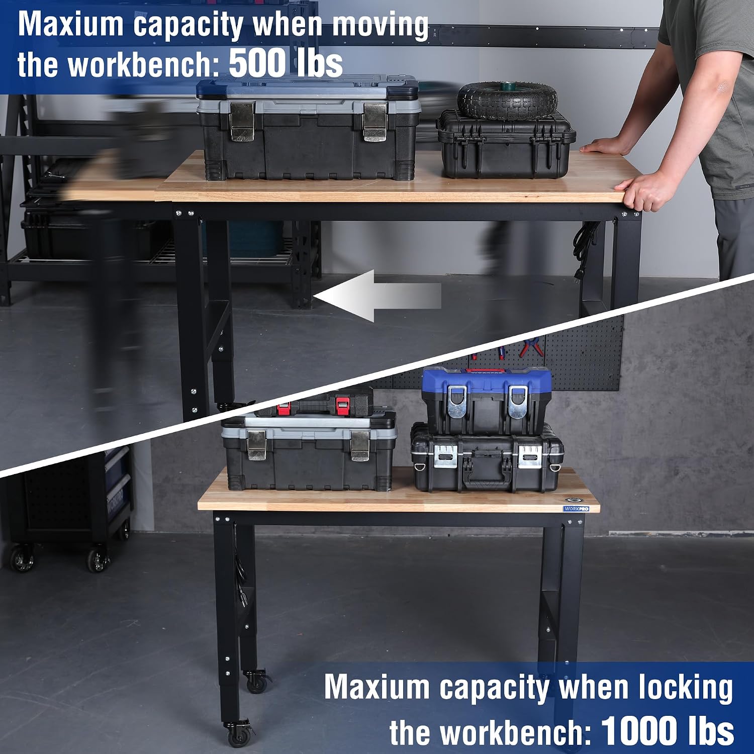 WORKPRO Garage Workbench, 48'X22' Adjustable Workbench with Wheels, Rubber Wood Top Heavy-Duty Workstation with Power Outlets, 1000 LBS Stationary Load Capacity, for Workshop, Garage