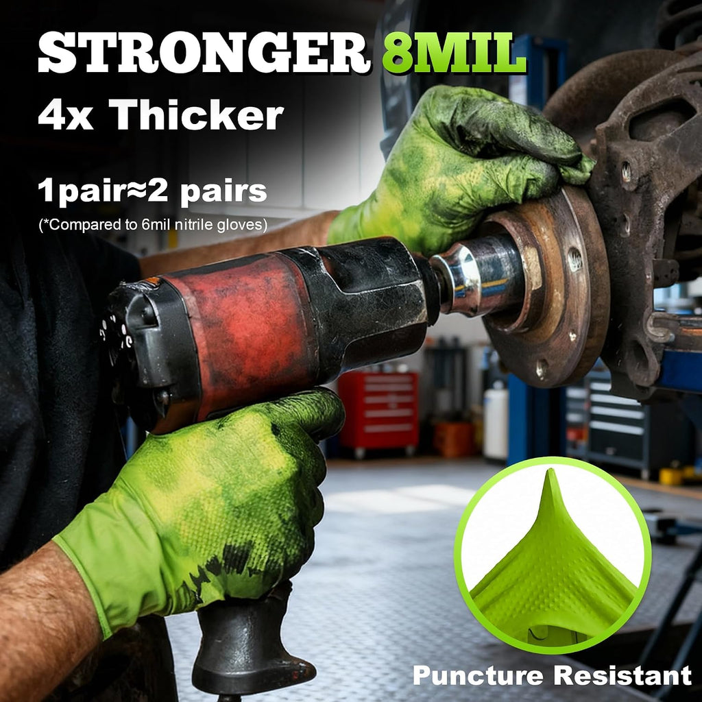 TitanFlex Heavy Duty Industrial Nitrile Gloves with Raised Diamond Texture, 8-mil, Latex Free (Green/Dark Green/Yellow)