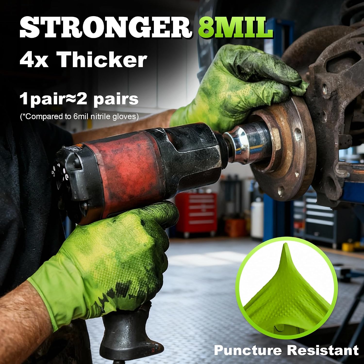 TitanFlex Heavy Duty Industrial Nitrile Gloves with Raised Diamond Texture, 8-mil, Latex Free (Green/Dark Green/Yellow)