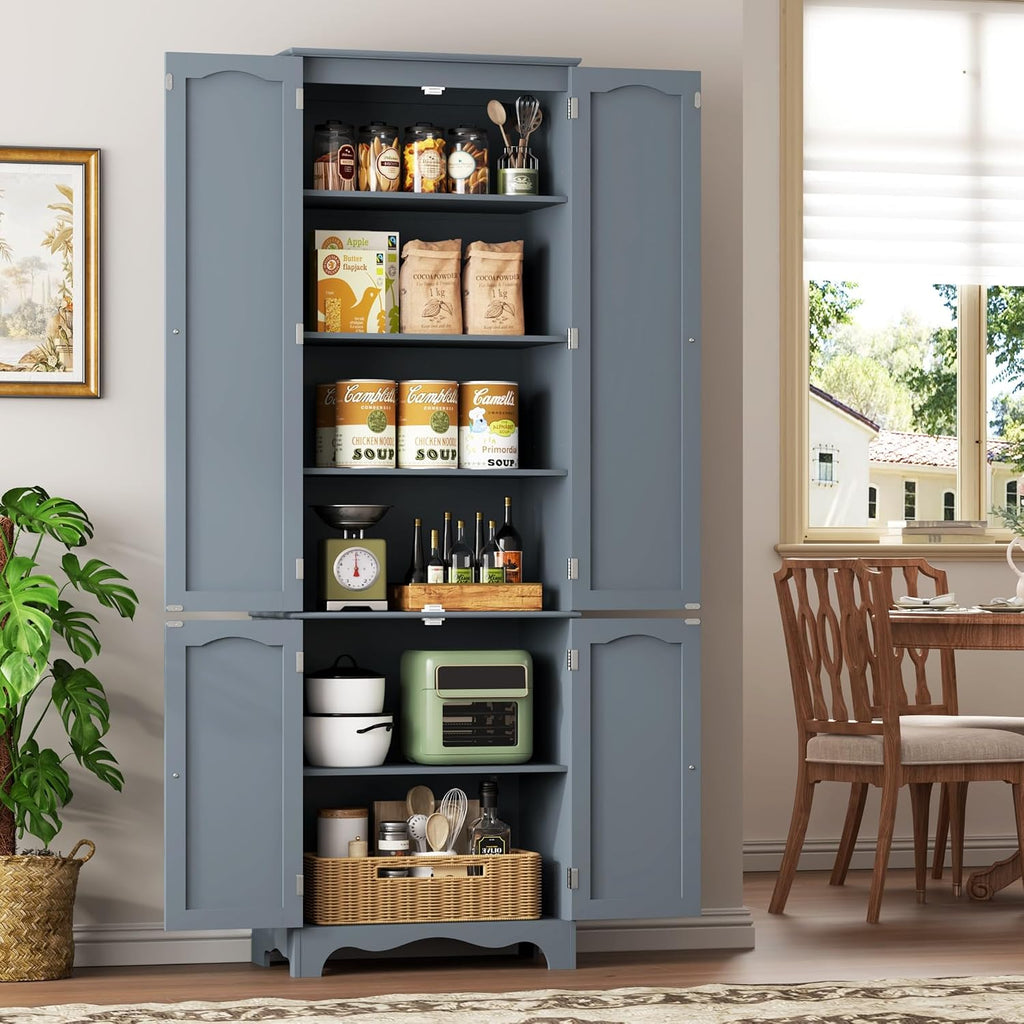 Function Home Tall Pantry Cabinet, Freestanding Storage Cabinet, Wooden Kitchen Pantry with 4 Doors and 5 Shelves, 72' Floor Cabinet Organizer for Kitchen Living Room Bathroom, Grey