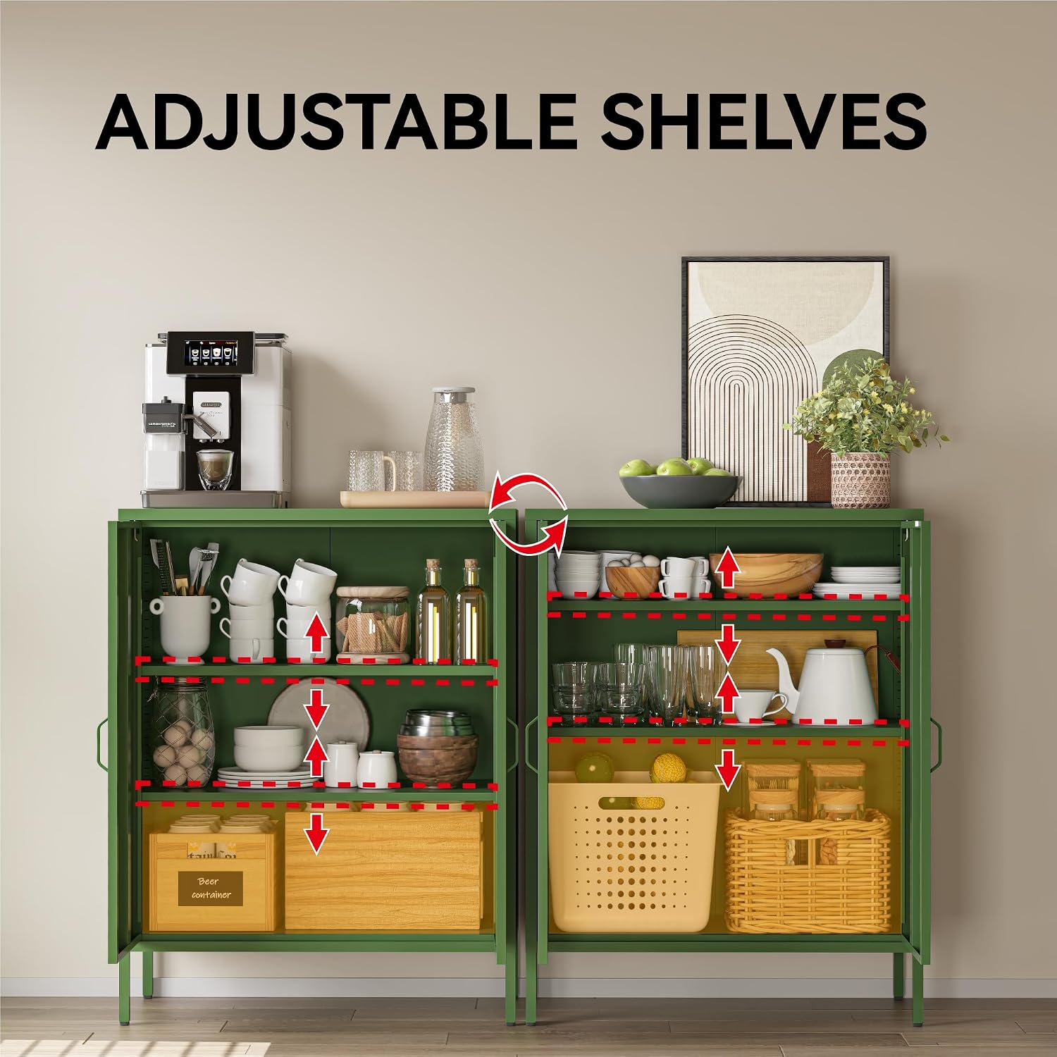 COFaR Forest Green Metal Cabinet, 40' Kitchen Pantry & Coffee Bar Cabinet, 3-Tier Adjustable Shelf Organizer with Magnetic Doors, Rustic Modern Sideboard for Dining Room, Home Office