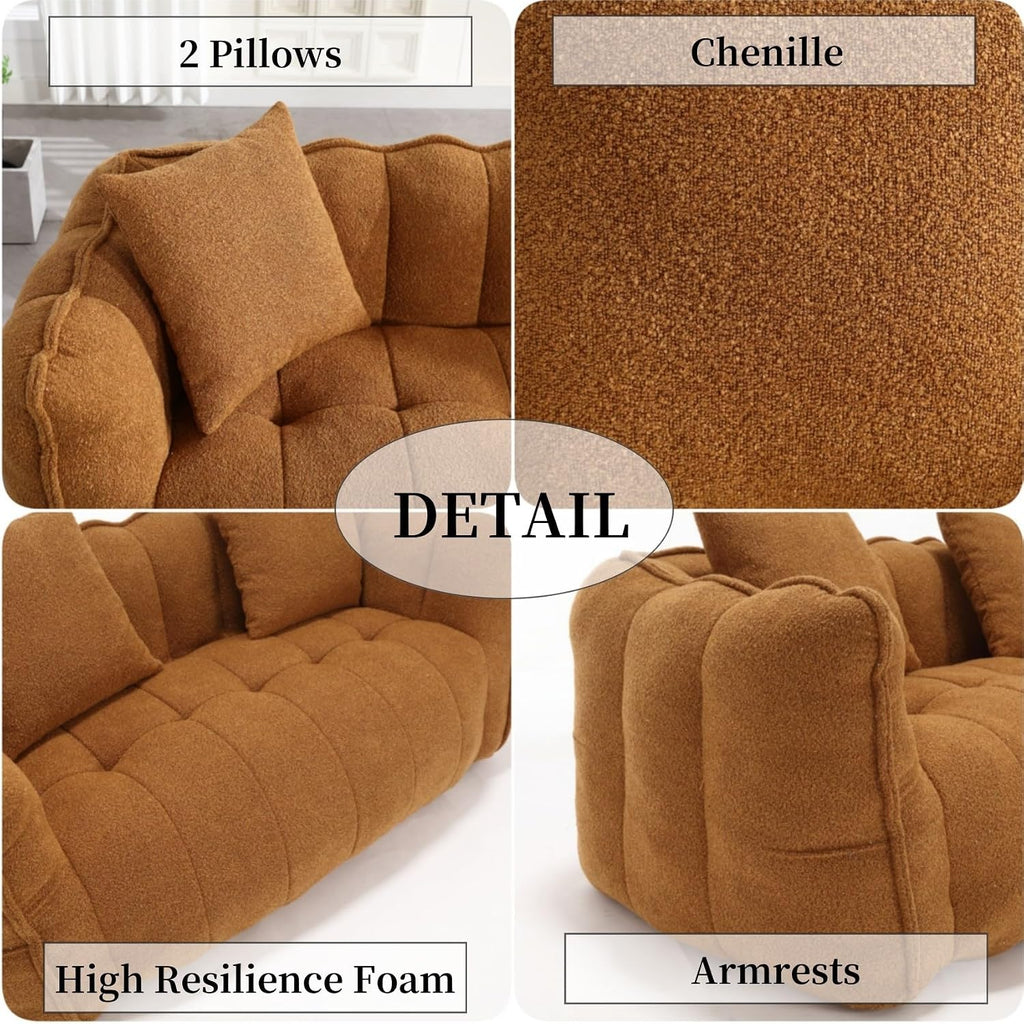 KEIKI Chenille Loveseat Giant Bean Bag Sleeper Sofa Chair, Upholstered Lazy Floor Couch with Pillows, High Resilience Foam Comfy Reading Chaise Lounge Recliner for Living Room Bedroom, Khaki