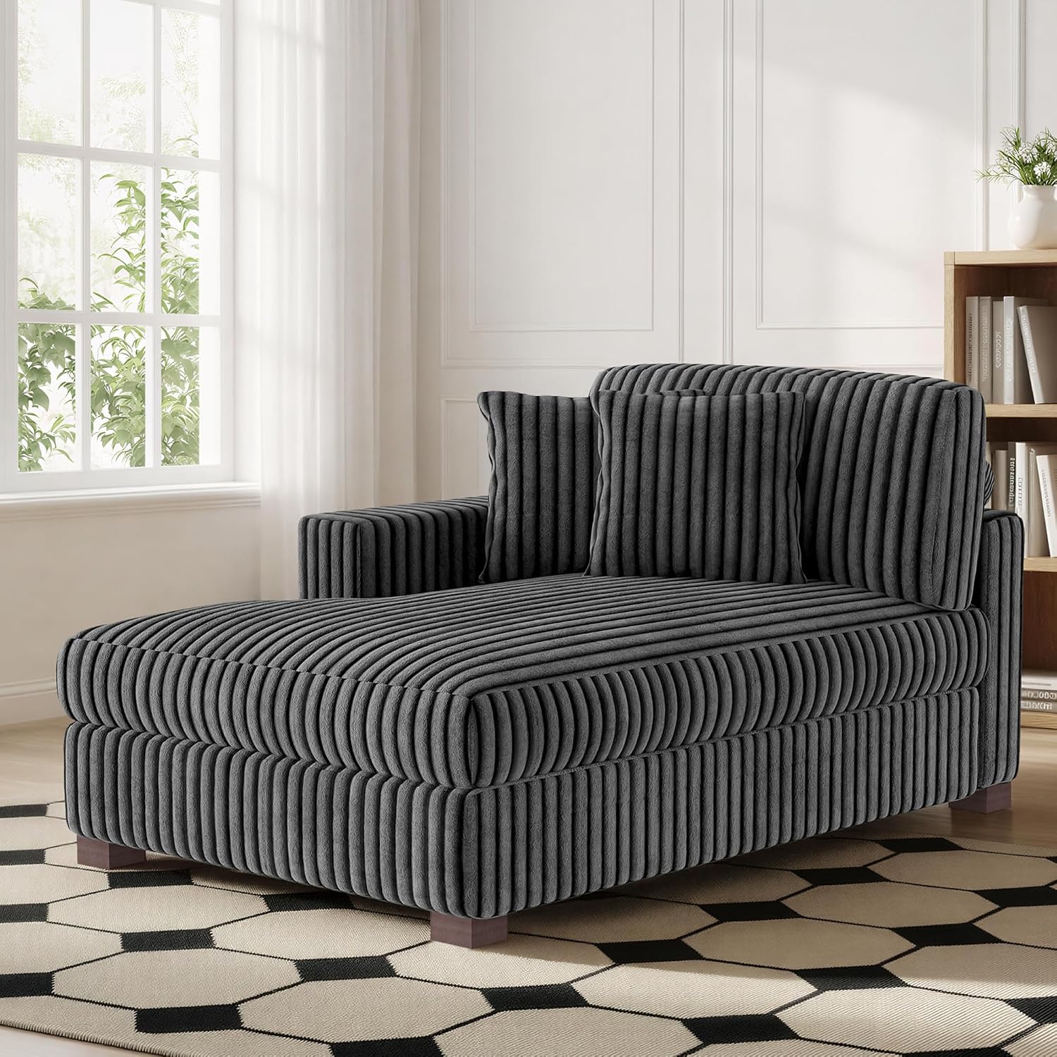 65' Chaise Lounge Chair Indoor, Oversized Upholstered Recliner Sofa Bed for Living Room, Fluffy Plush Faux Fur Cloud Sofa Sleeper Couch Bedroom Reading Seat - Gray, Right Armrest